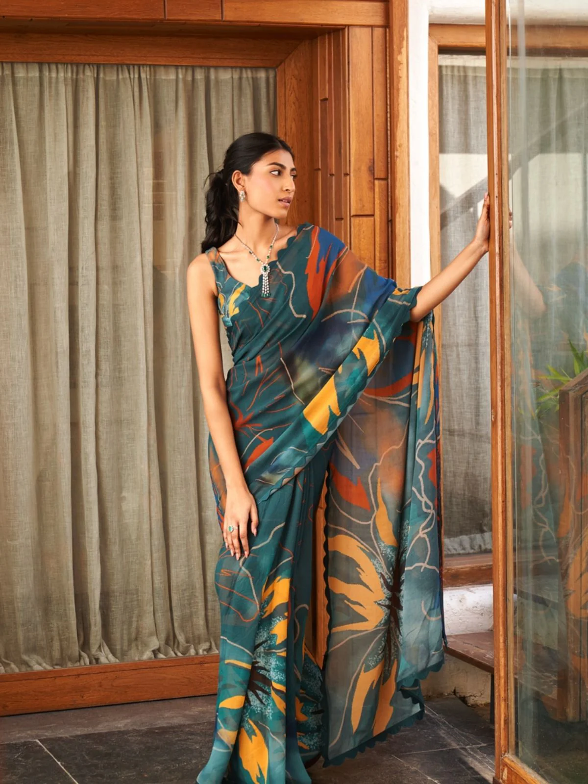 Odette Teal Green Georgette Printed Saree For Women - Image 2