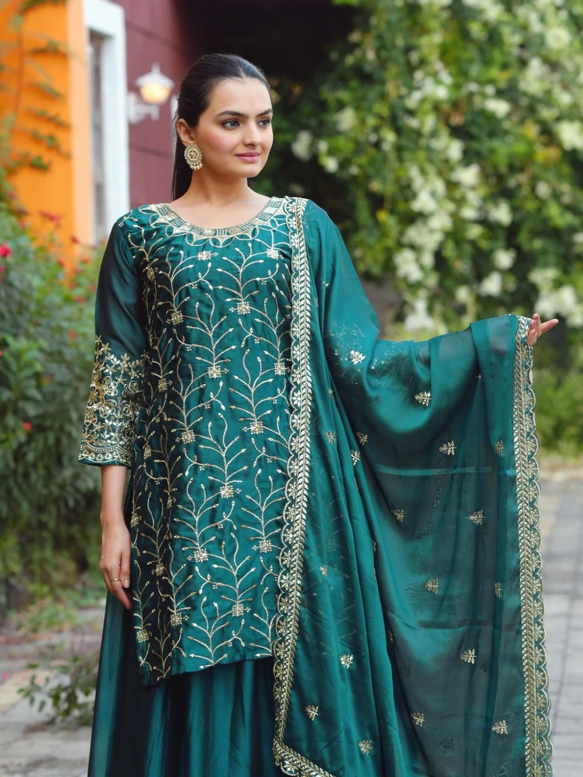 Odette Teal Green Poly Georgette Embroidered Stitched Kurta Set For Women - Image 3