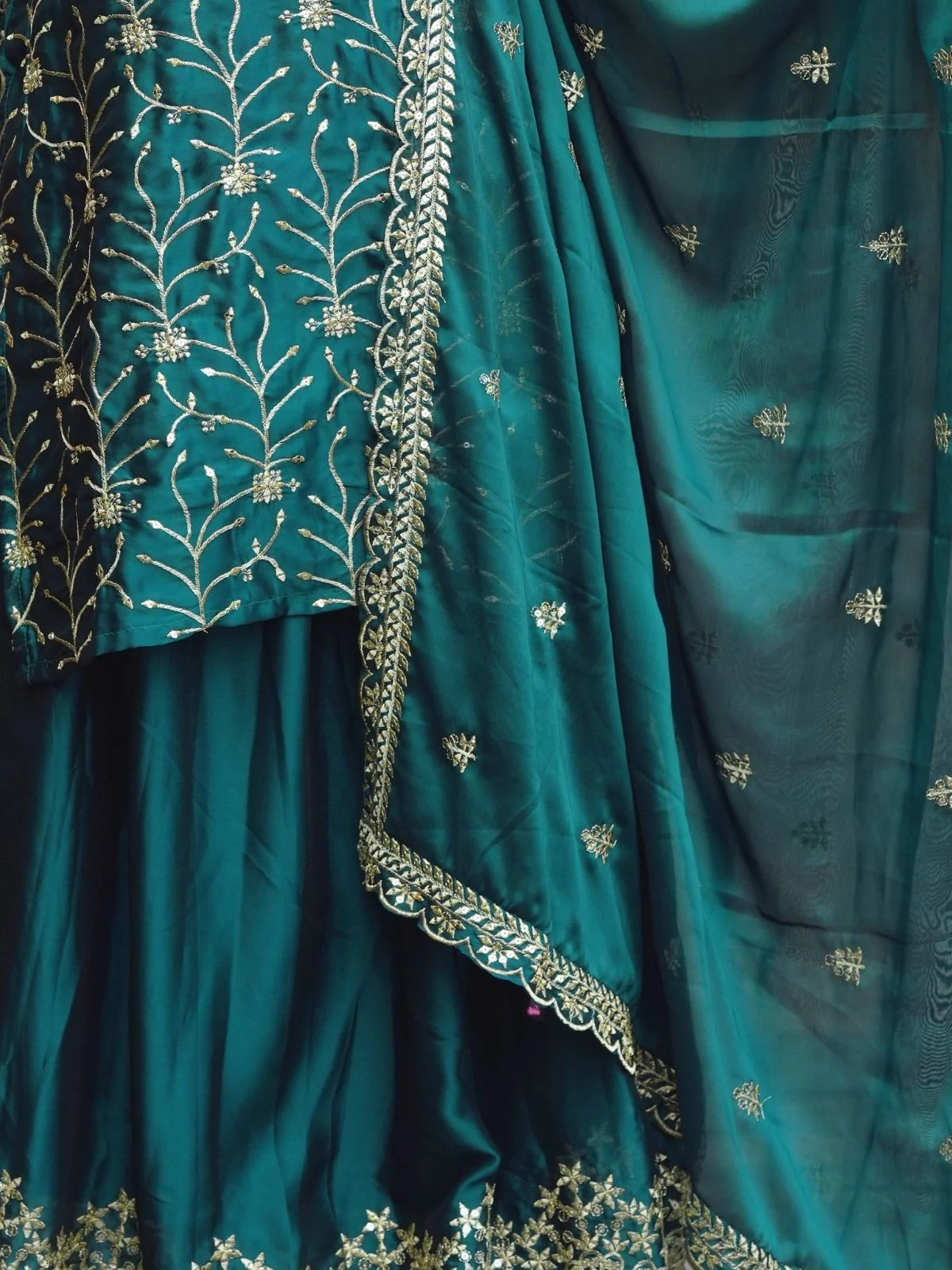 Odette Teal Green Poly Georgette Embroidered Stitched Kurta Set For Women - Image 4