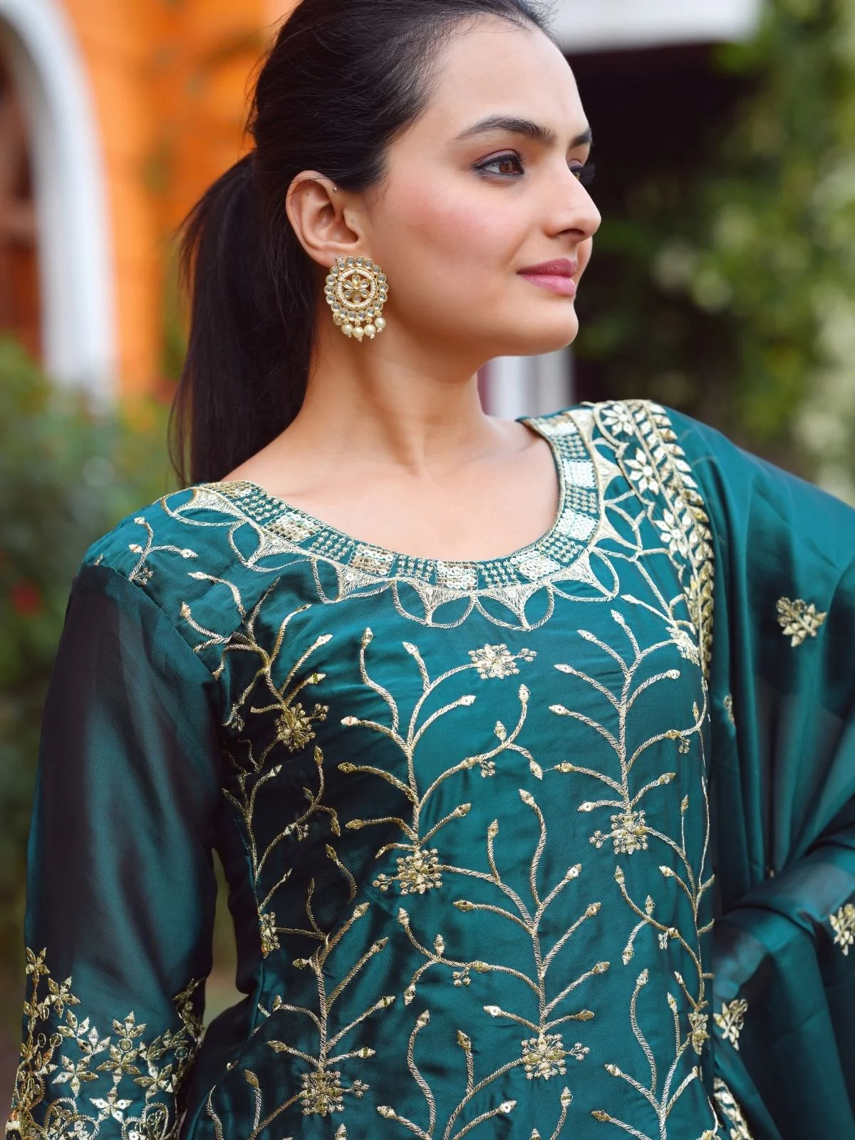 Odette Teal Green Poly Georgette Embroidered Stitched Kurta Set For Women - Image 5