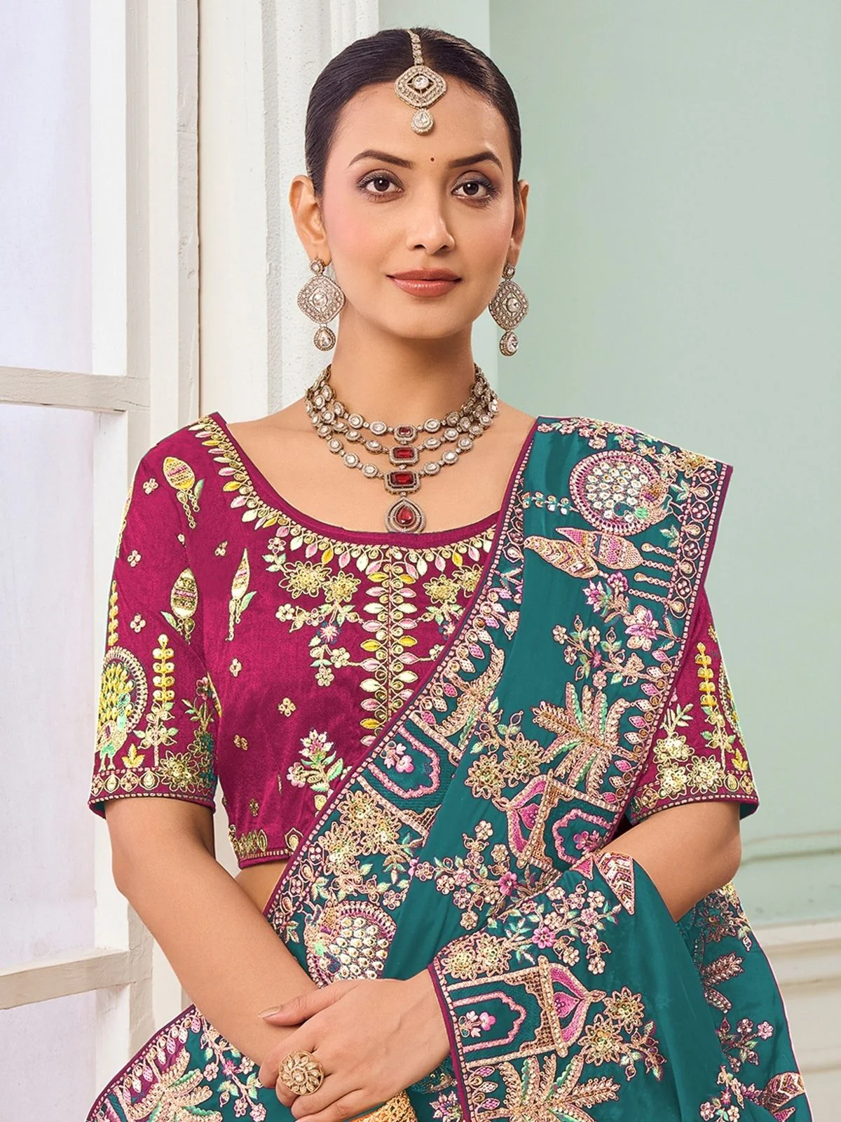 Odette Teal Green Satin Embroidered Saree For Women - Image 2