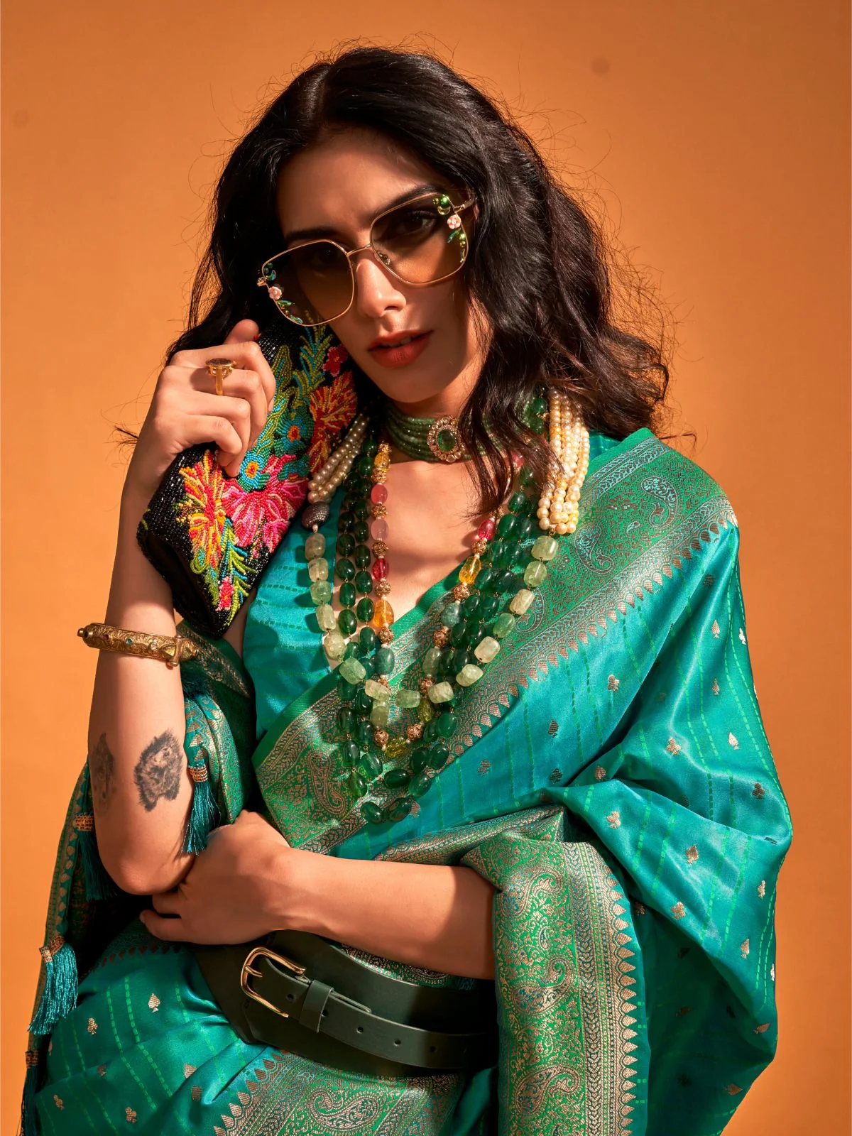 Odette Teal Green Satin Woven Saree With Unstitched Blouse For Women - Image 2