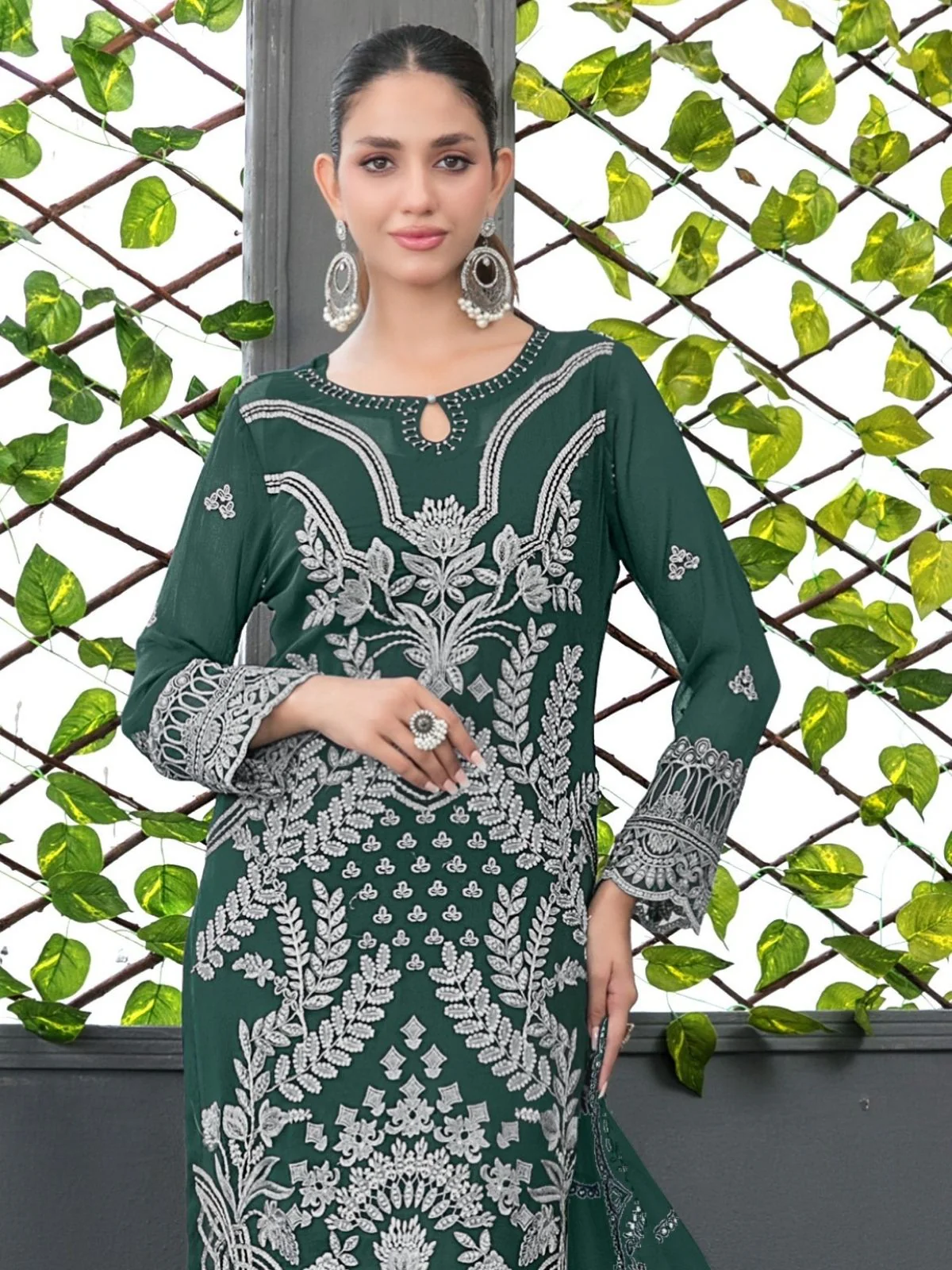 Odette Teal Green Silk Blend Embroidered Semi-Sitched Kurta Set For Women - Image 2