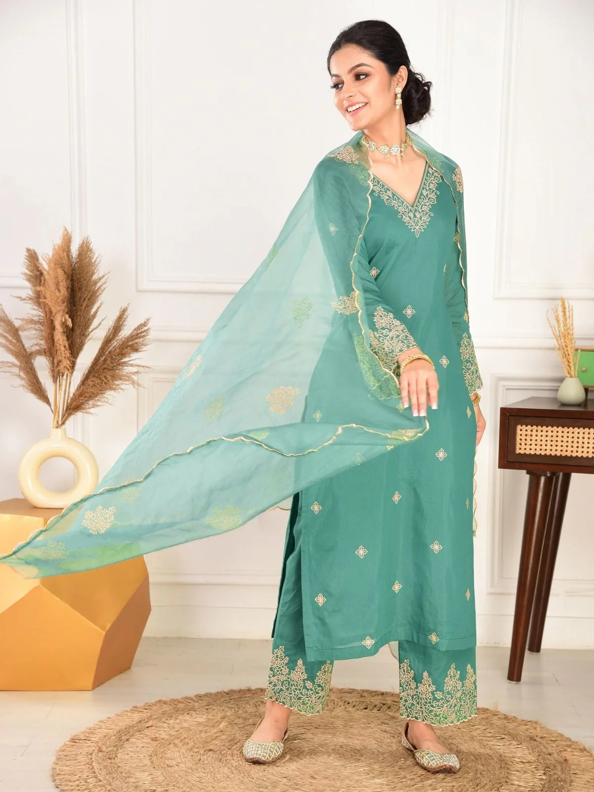 Odette Teal Green Silk Blend Embroidered Stiched Kurta Set For Women - Image 2