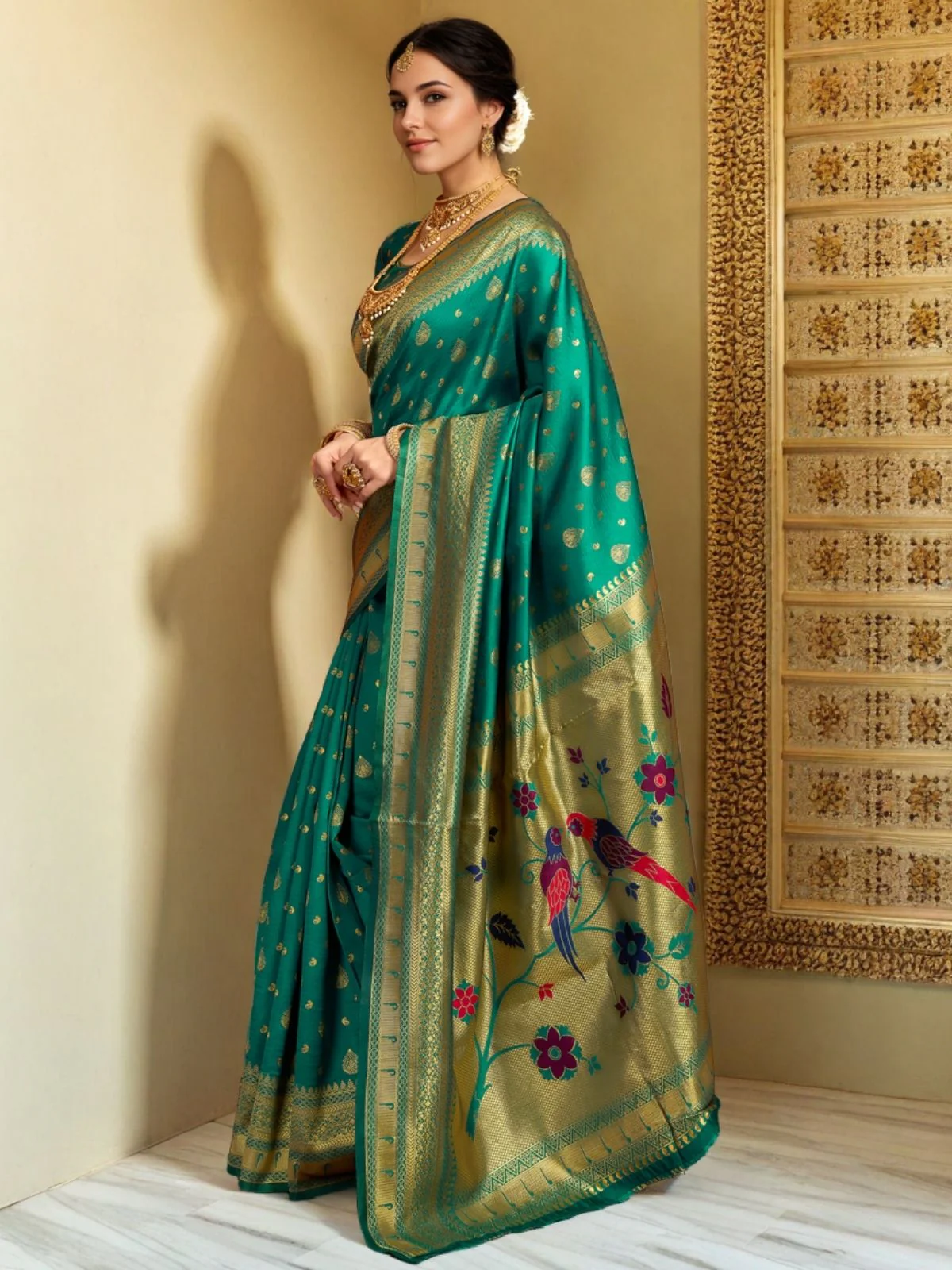Odette Teal Green Silk Blend Woven Pithani Saree For Women - Image 2