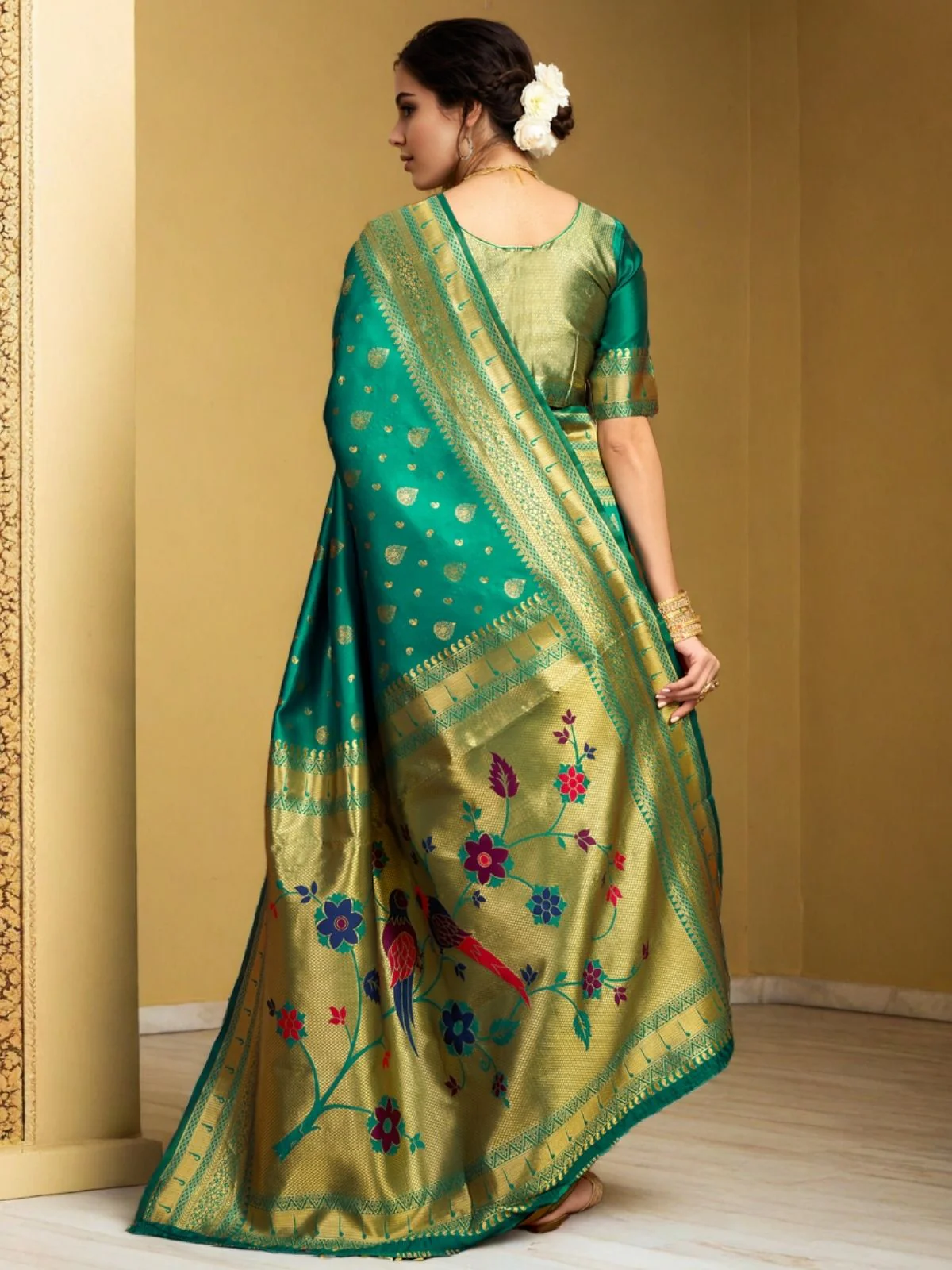 Odette Teal Green Silk Blend Woven Pithani Saree For Women - Image 4