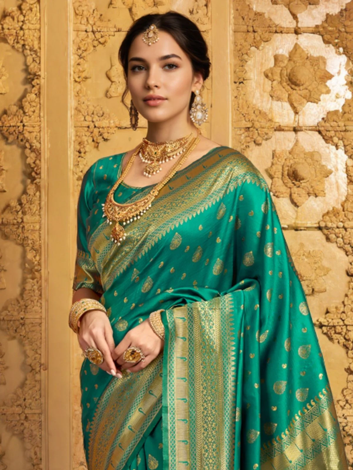 Odette Teal Green Silk Blend Woven Pithani Saree For Women - Image 5