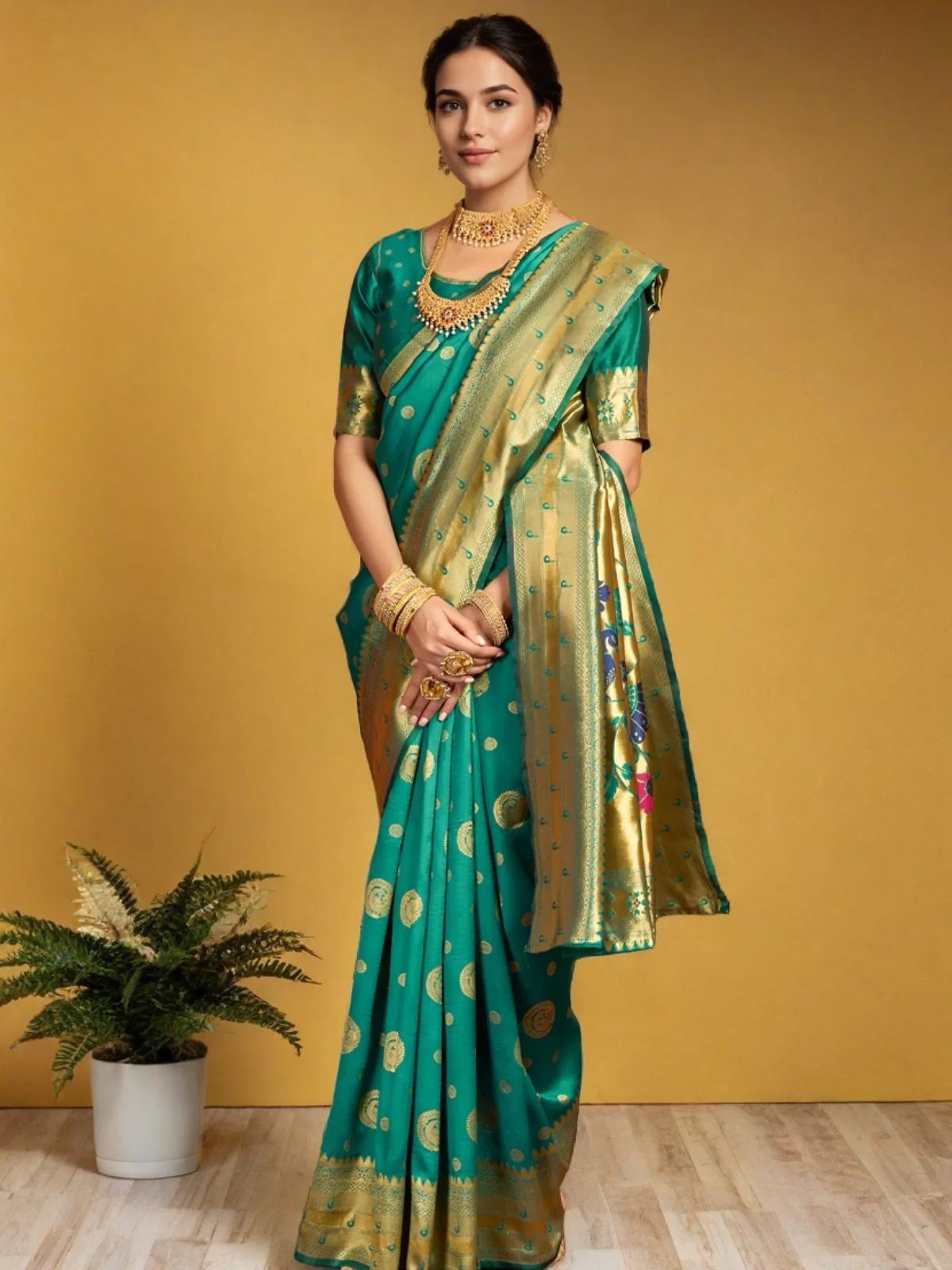 Odette Teal Green Silk Blend Woven Pithani Saree For Women - Image 3