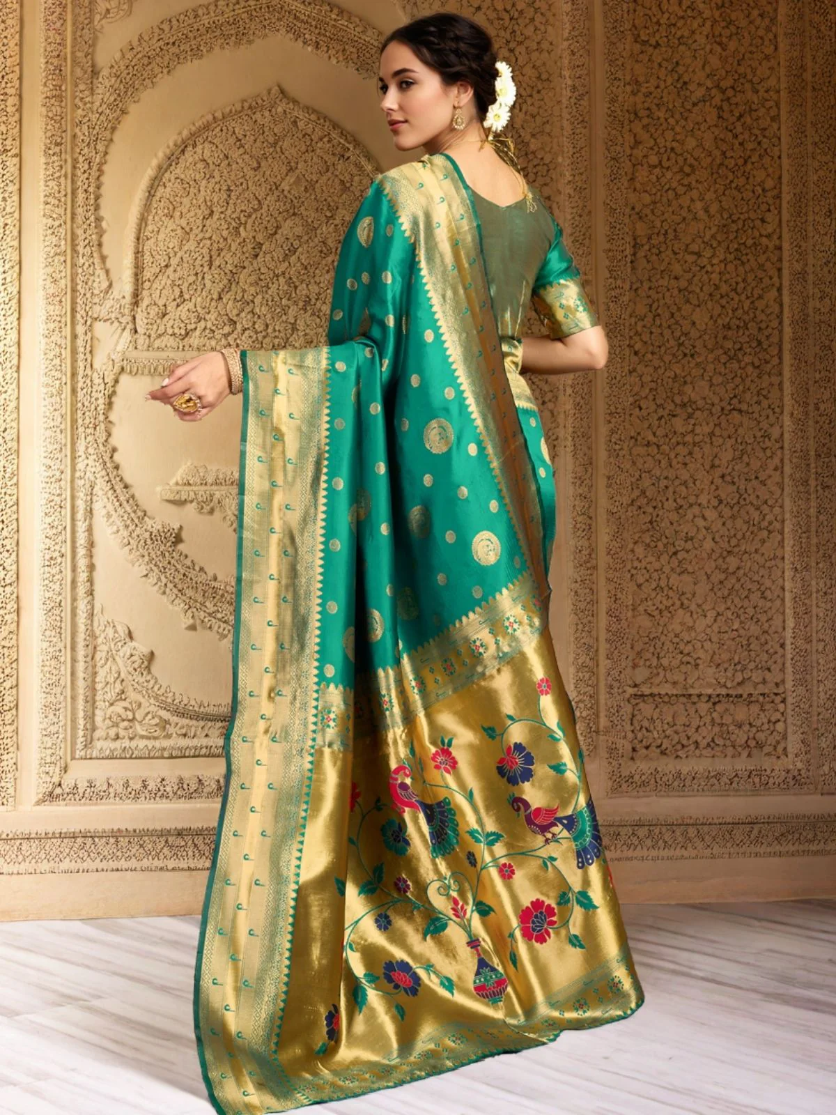 Odette Teal Green Silk Blend Woven Pithani Saree For Women - Image 4