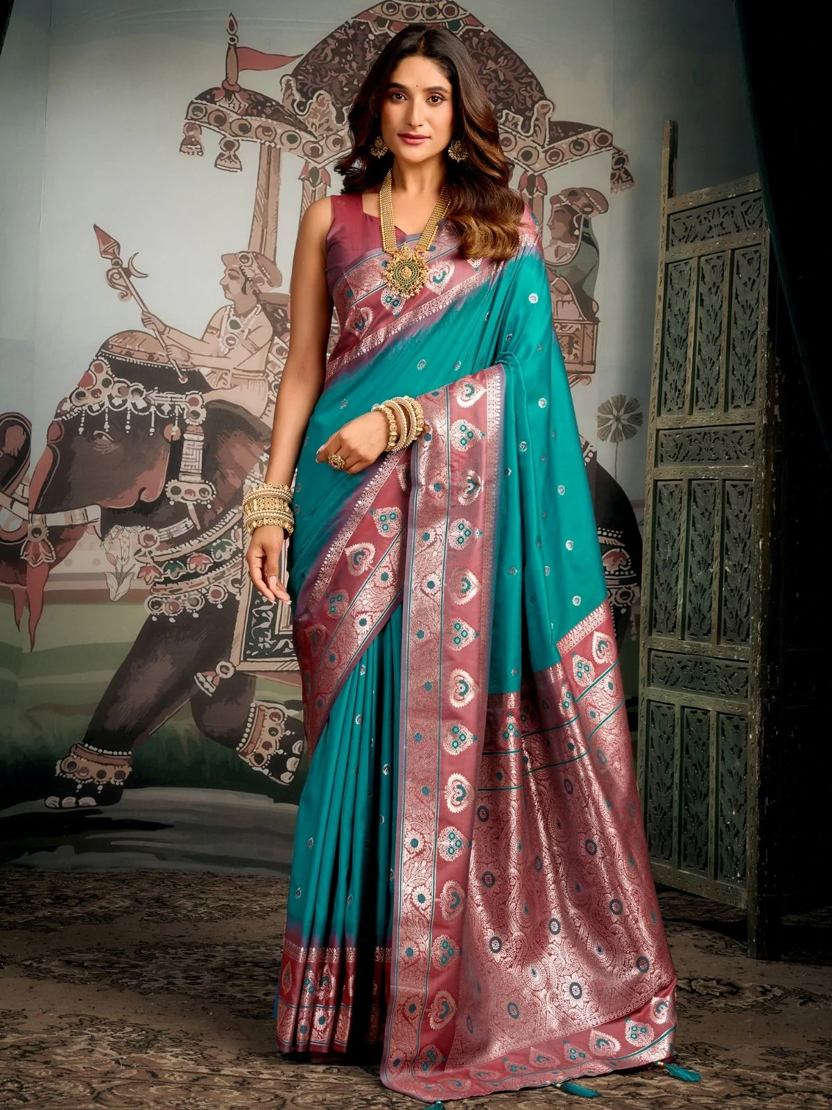 Odette Teal Green Silk Blend Woven Saree For Women