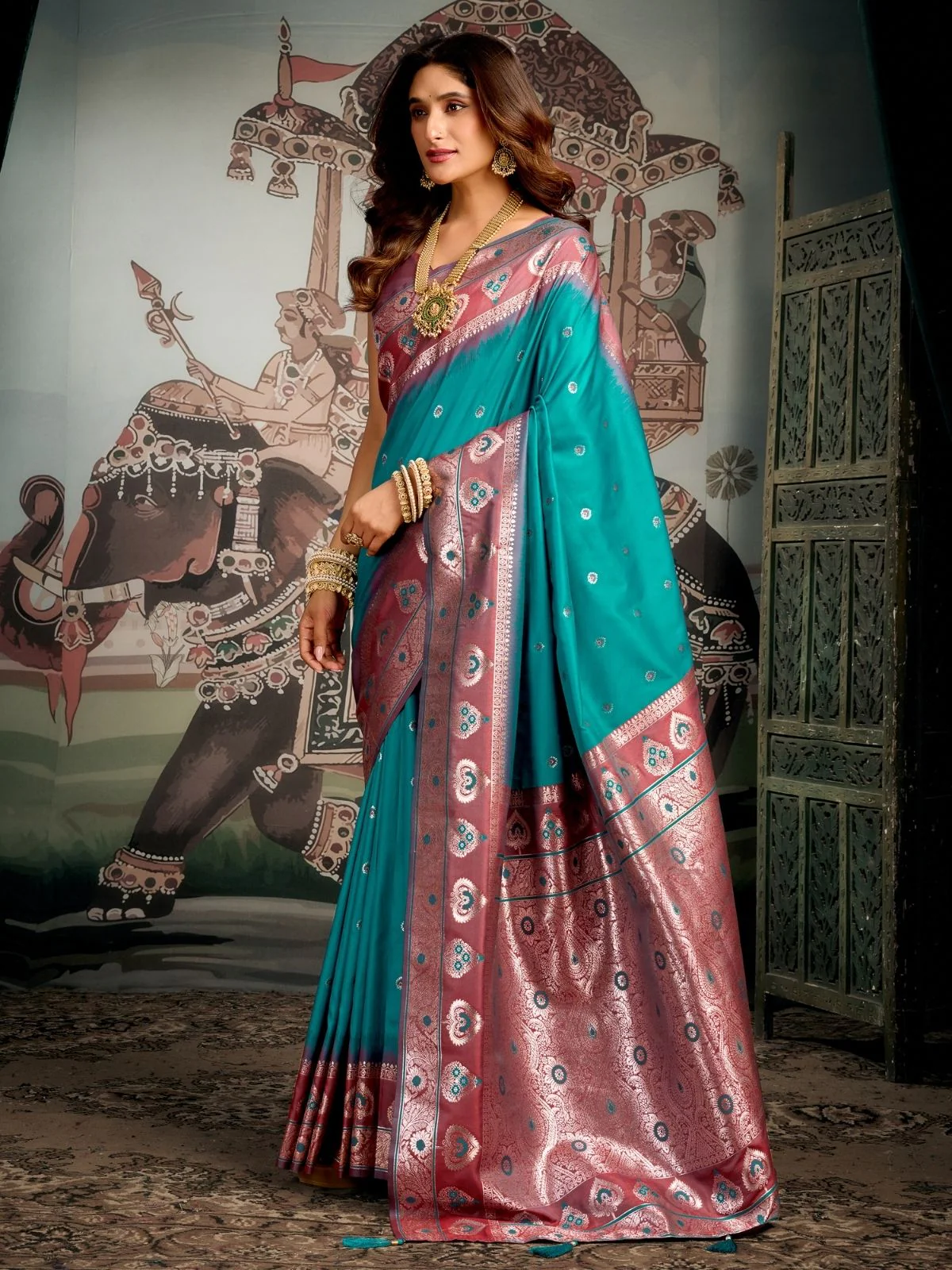 Odette Teal Green Silk Blend Woven Saree For Women - Image 2