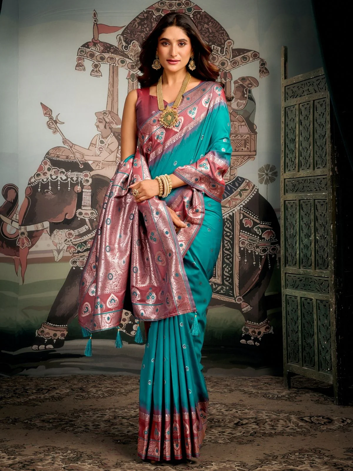 Odette Teal Green Silk Blend Woven Saree For Women - Image 3