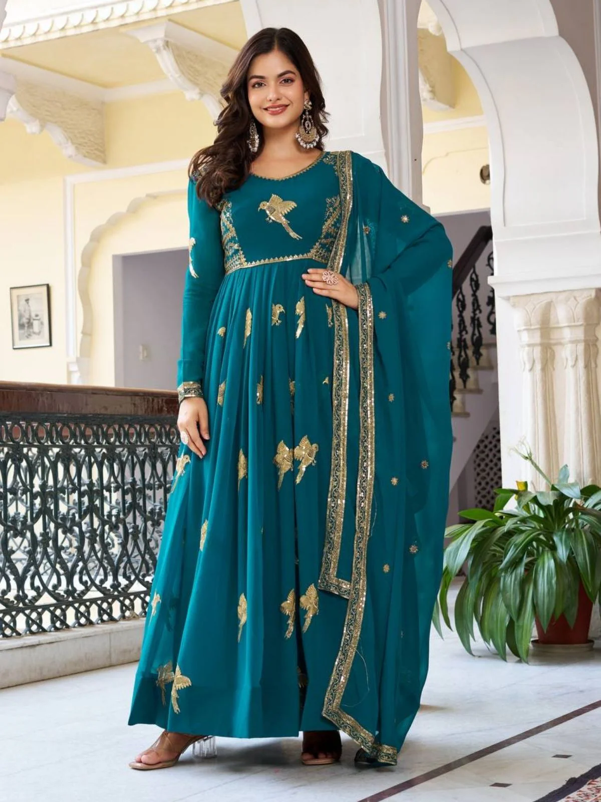 Odette Teal Green Silk Solid Stitched Kurta Set For Women