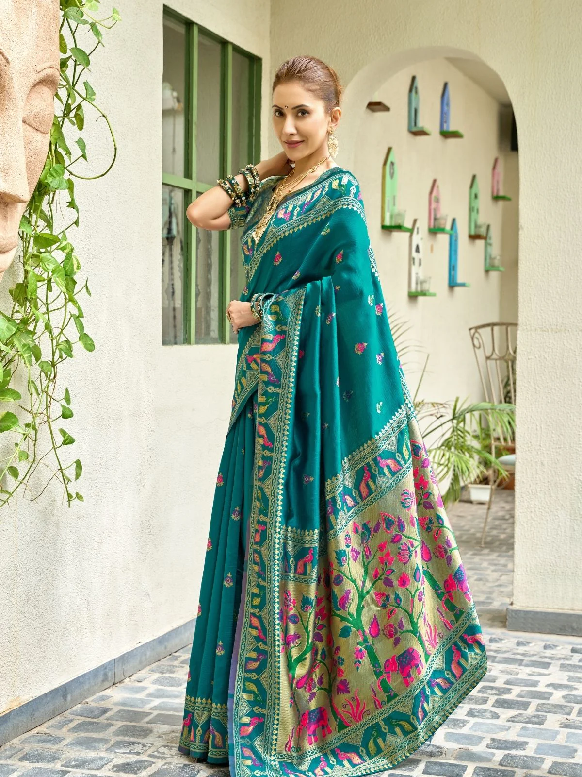 Odette Teal Green Silk Woven Paithani Saree For Women - Image 2