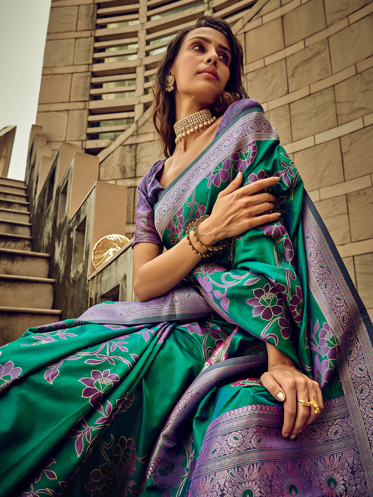 Odette Teal Handloom Woven Satin Saree For Women - Image 3