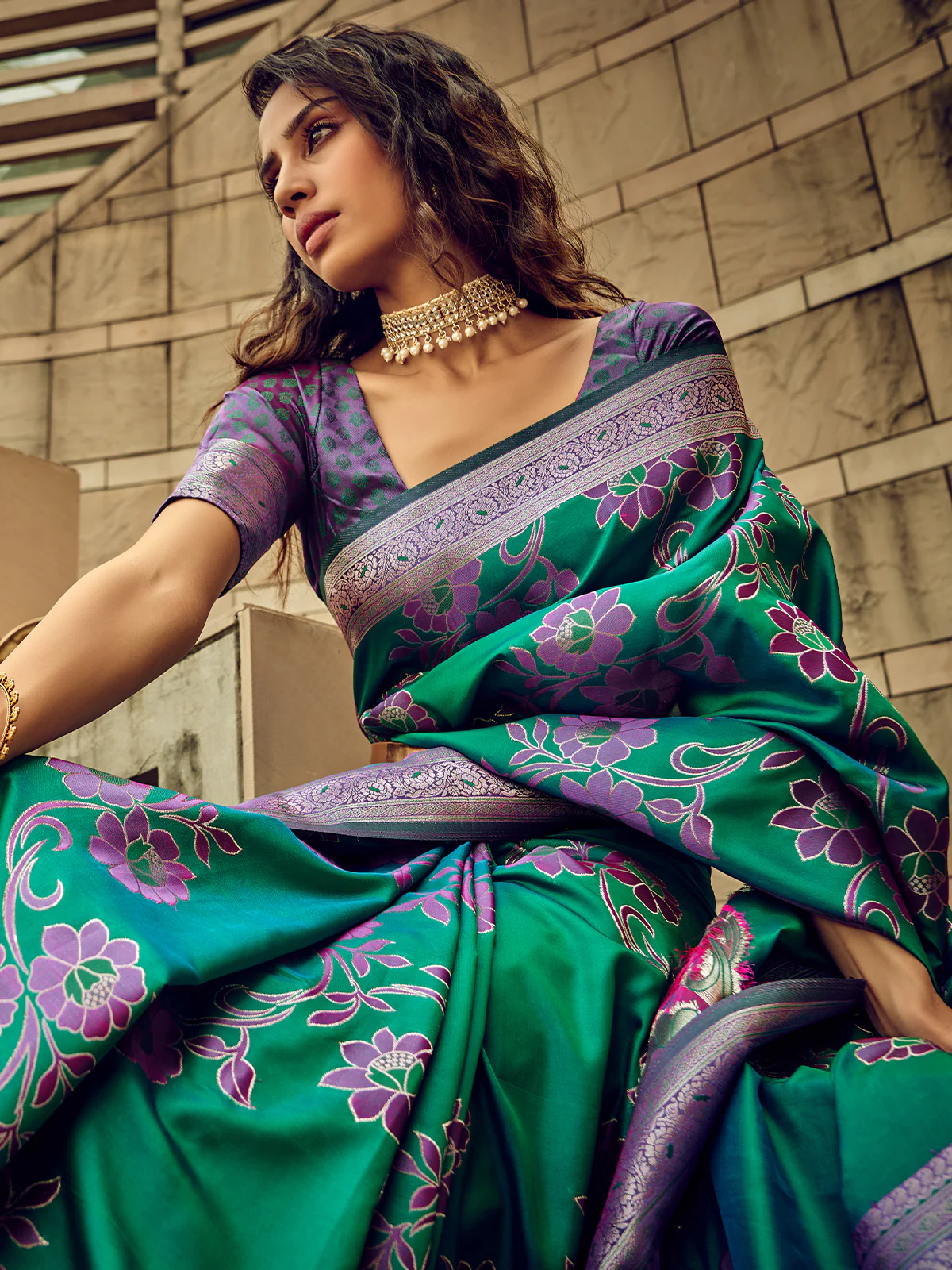 Odette Teal Handloom Woven Satin Saree For Women - Image 4