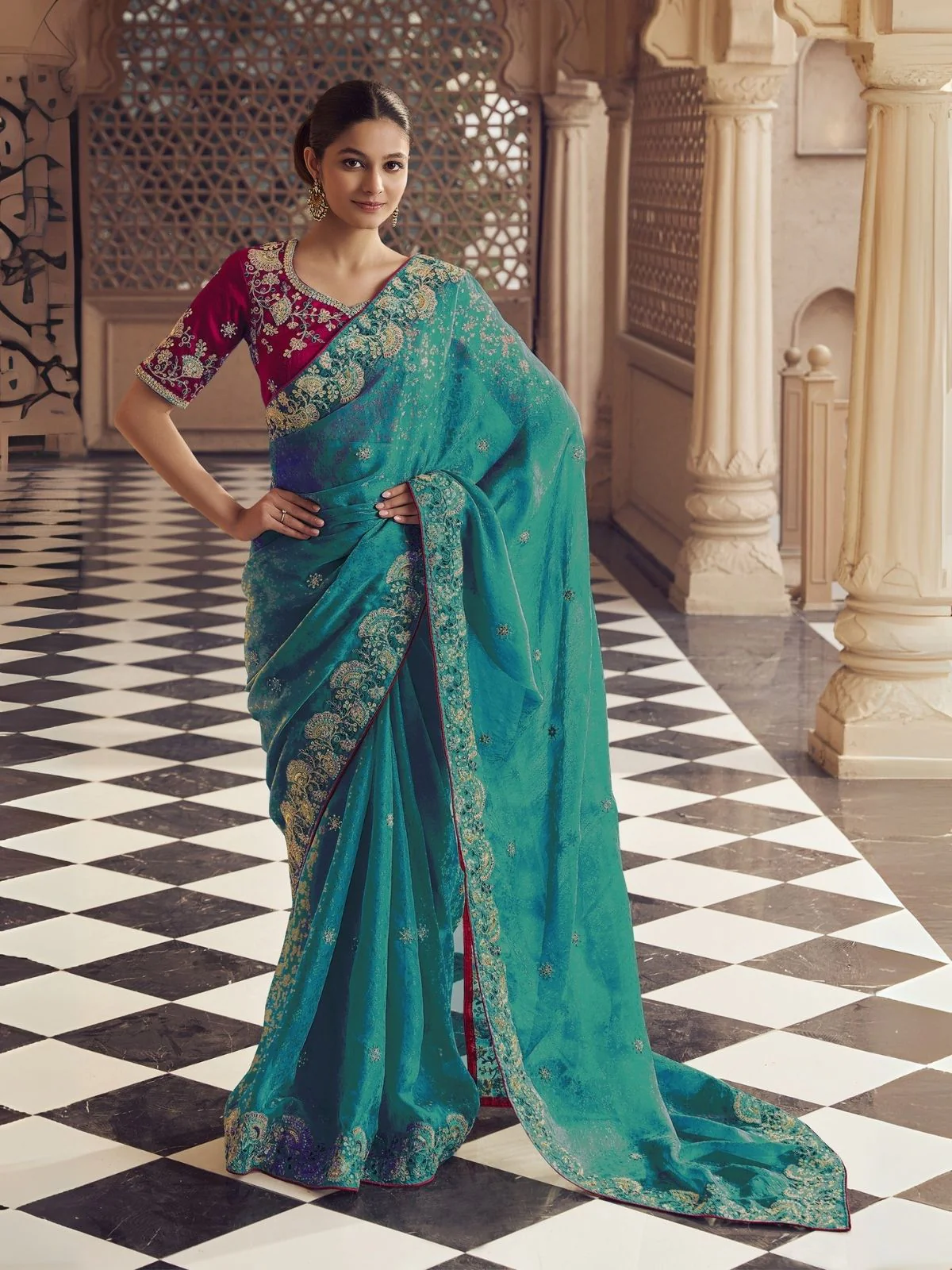 Odette Teal Jacquard Embroidered Elegant Saree For Women