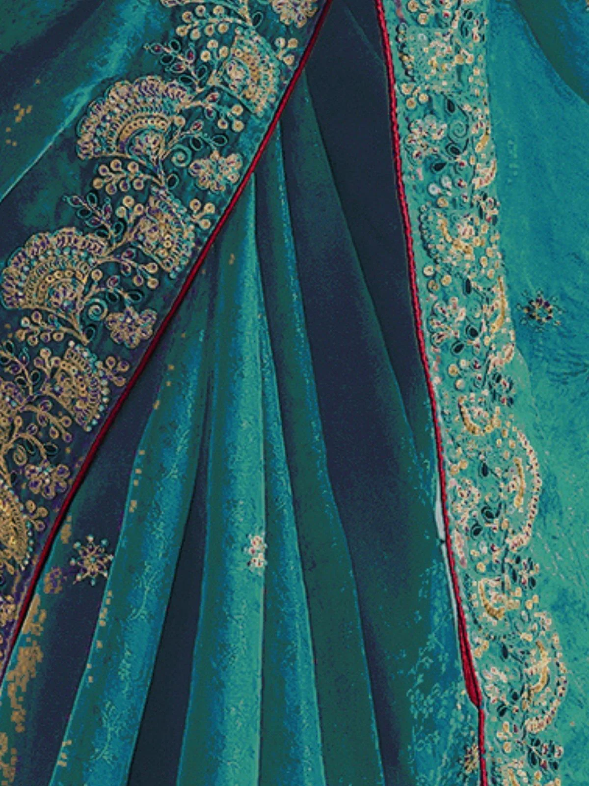 Odette Teal Jacquard Embroidered Elegant Saree For Women - Image 4