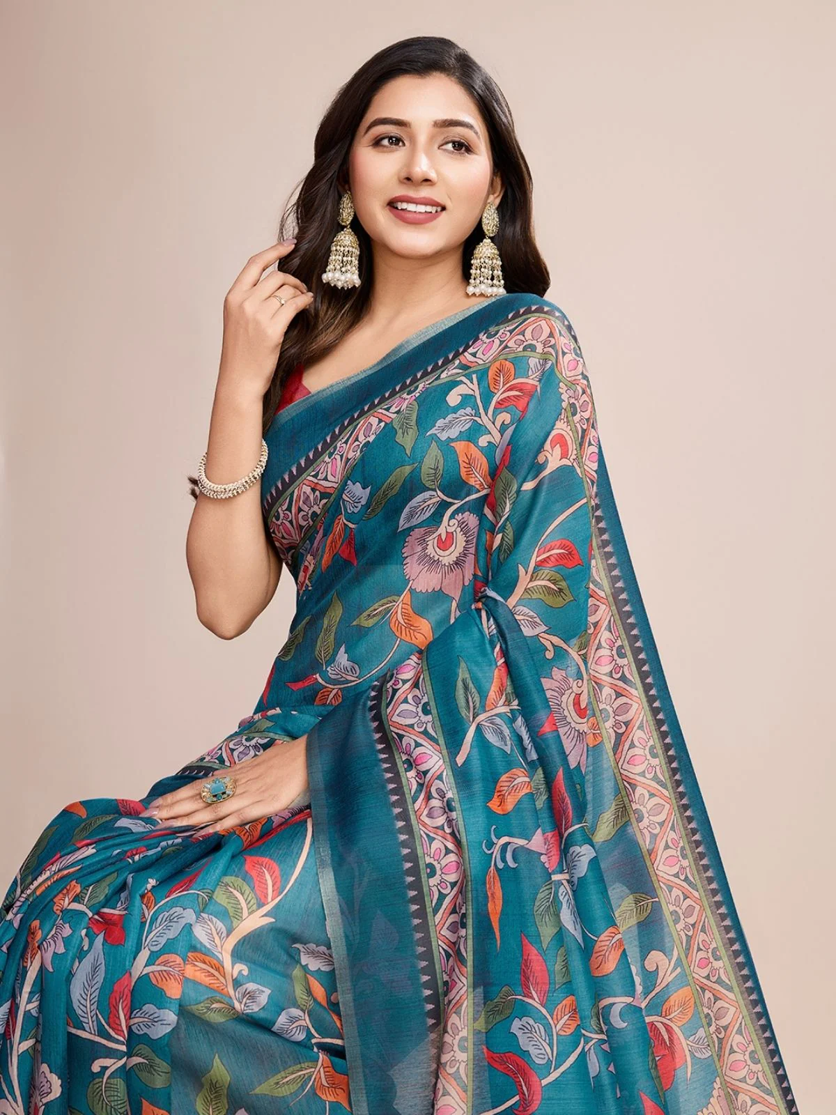 Odette Teal Linen Printed Saree With Unstitched Blouse For Women - Image 3