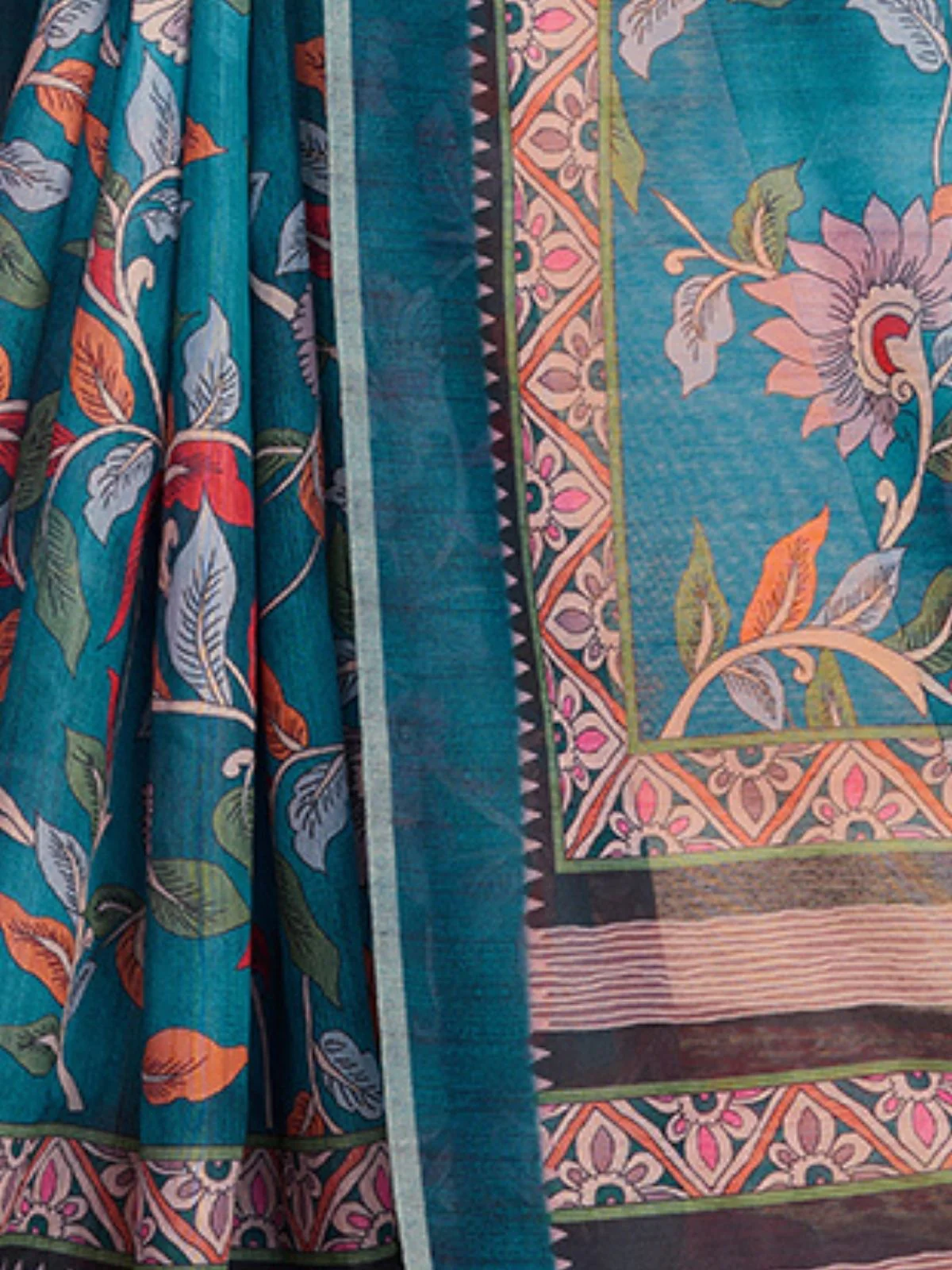 Odette Teal Linen Printed Saree With Unstitched Blouse For Women - Image 4