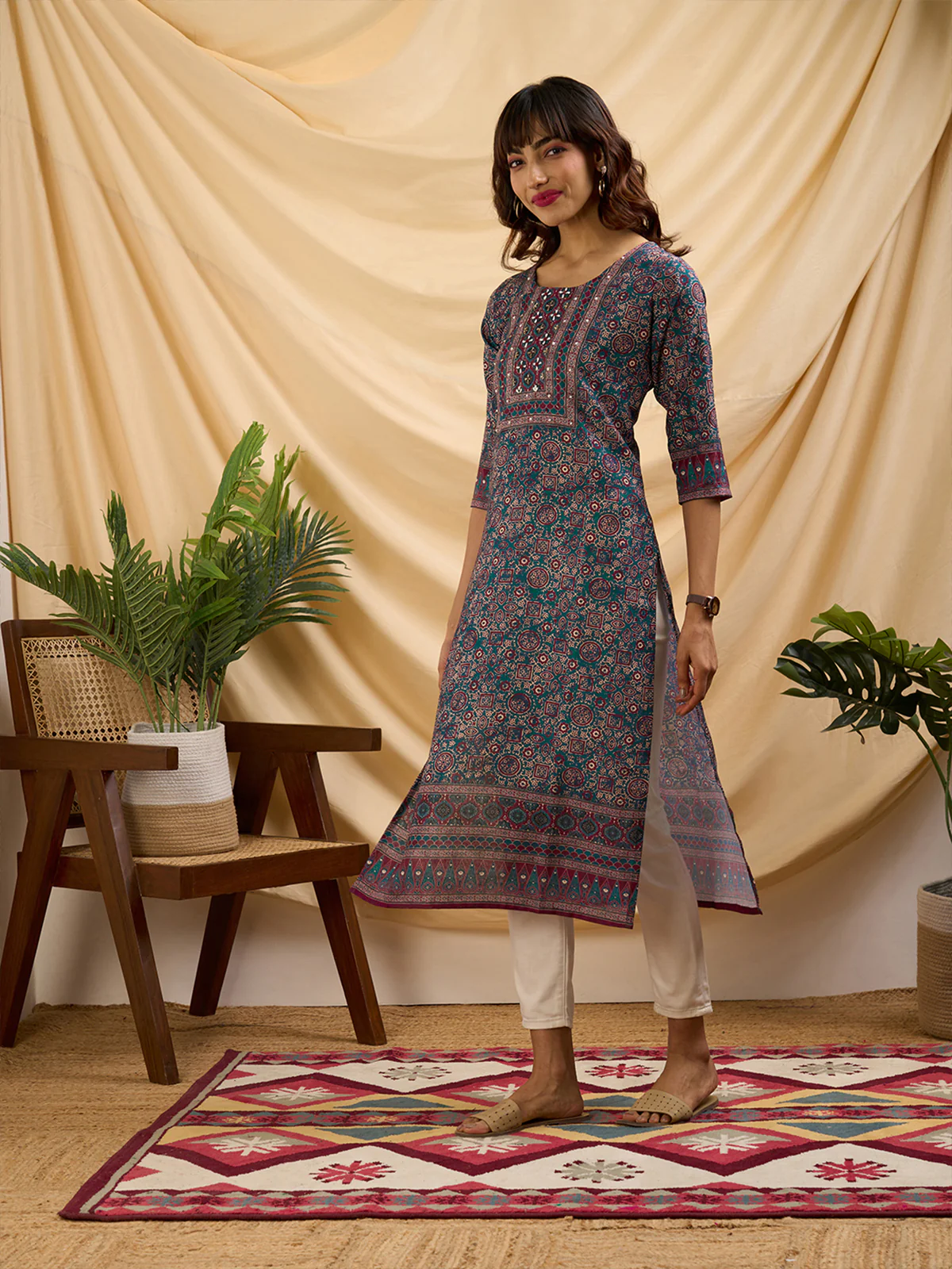 Odette Teal Linen Printed Stitched Kurta for Women - Image 2