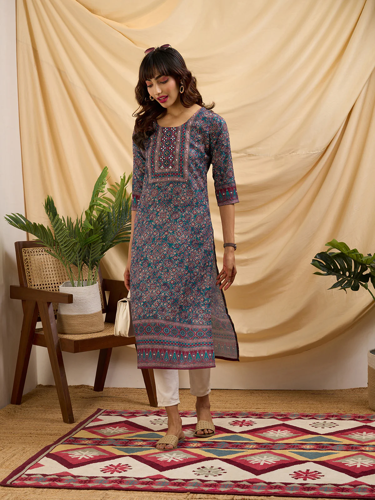 Odette Teal Linen Printed Stitched Kurta for Women - Image 3