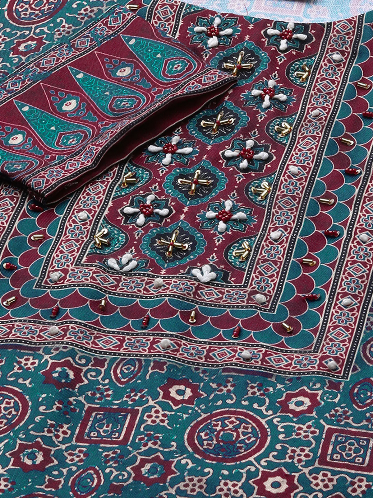 Odette Teal Linen Printed Stitched Kurta for Women - Image 6