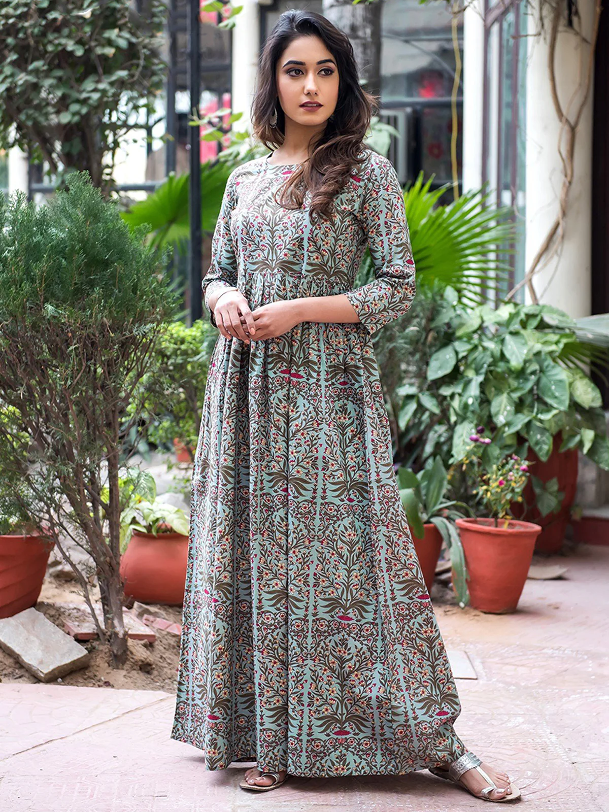 Odette Teal Muslin Stitched Gown For Women - Image 2