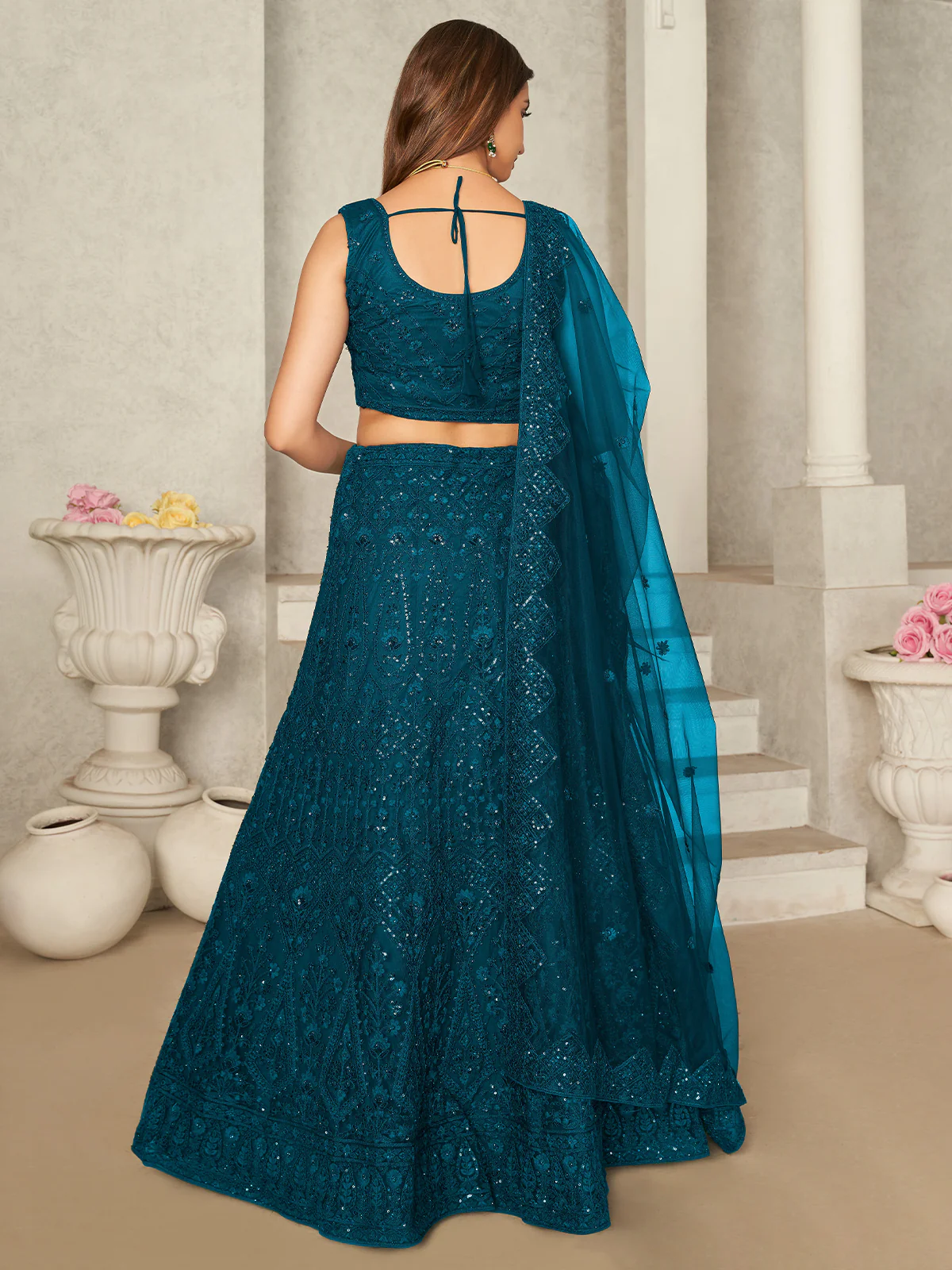 Odette Teal Net Embellished Semi Stitched Lehenga With Unstitched Blouse for Women - Image 3