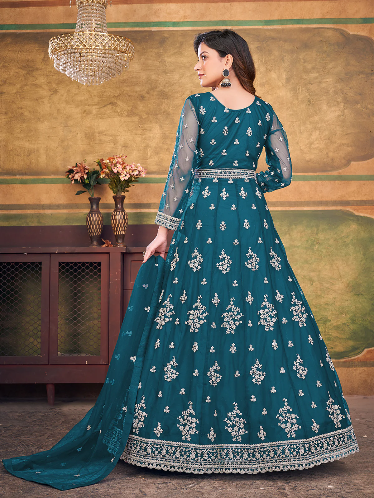 Odette Teal Net Embroidered Semi stitched Kurta Set with Inner For Women - Image 3