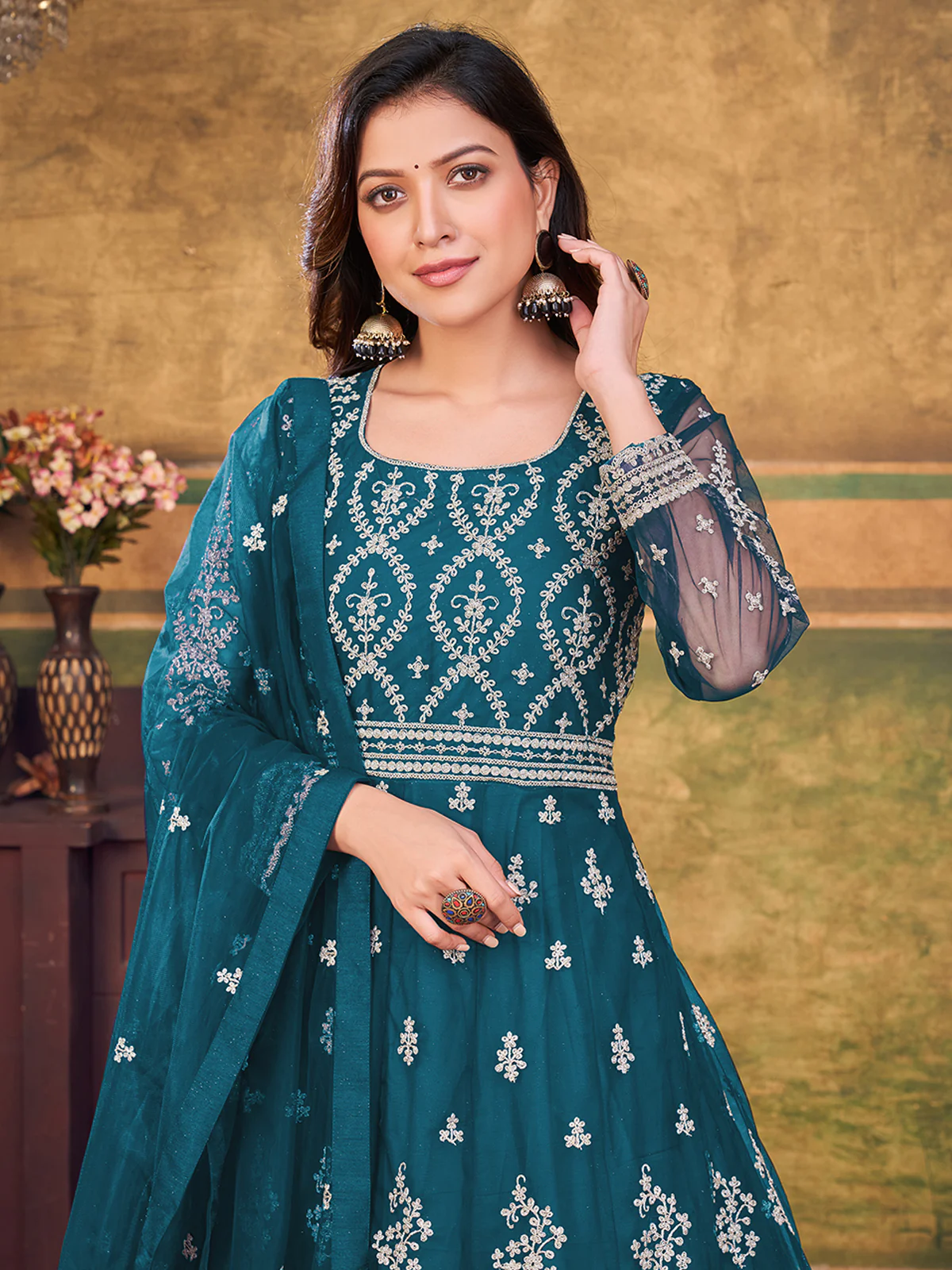Odette Teal Net Embroidered Semi stitched Kurta Set with Inner For Women - Image 4