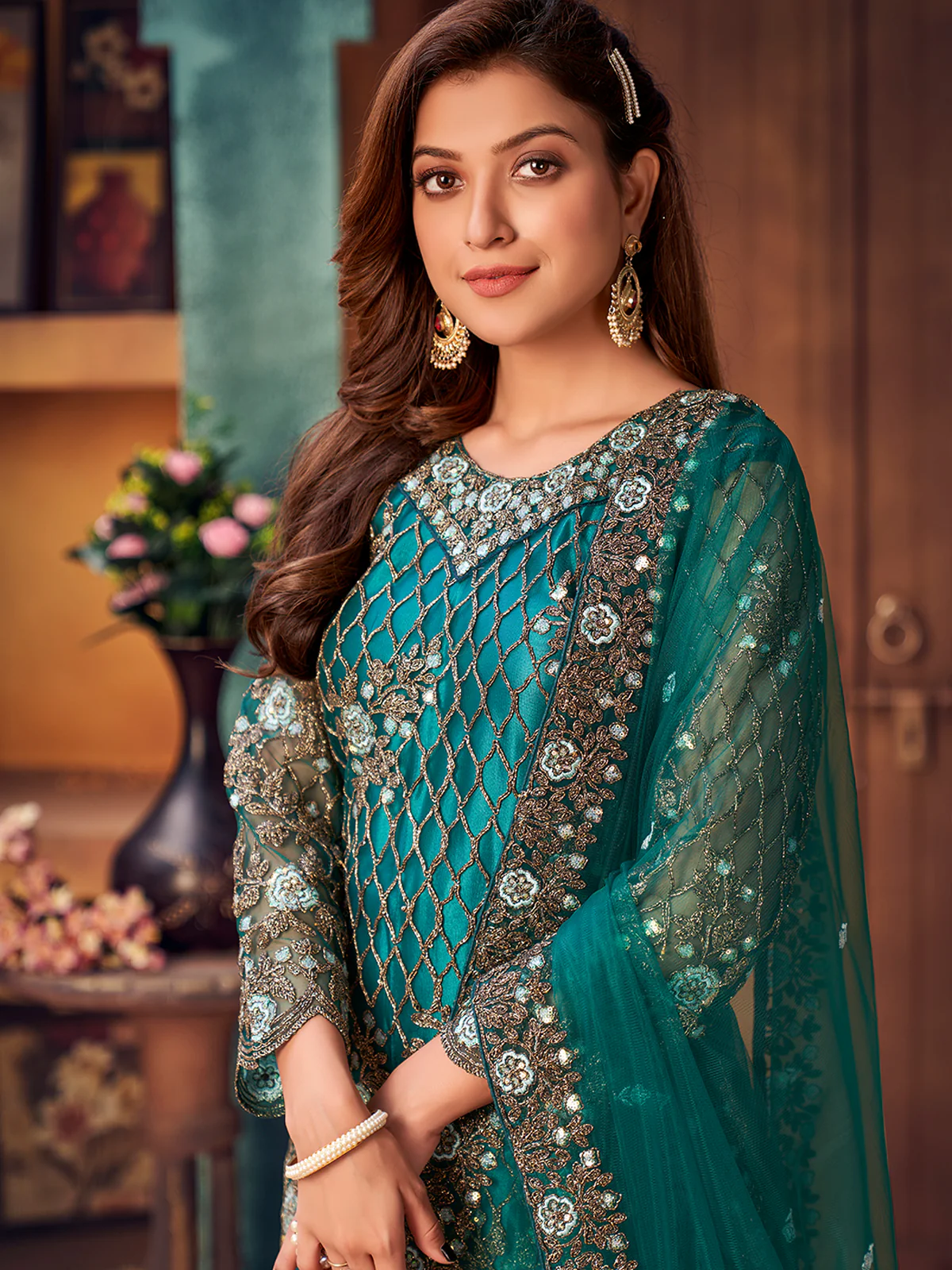 Odette Teal Net Embroidered Semi stitched Kurta Set with Inner For Women - Image 3