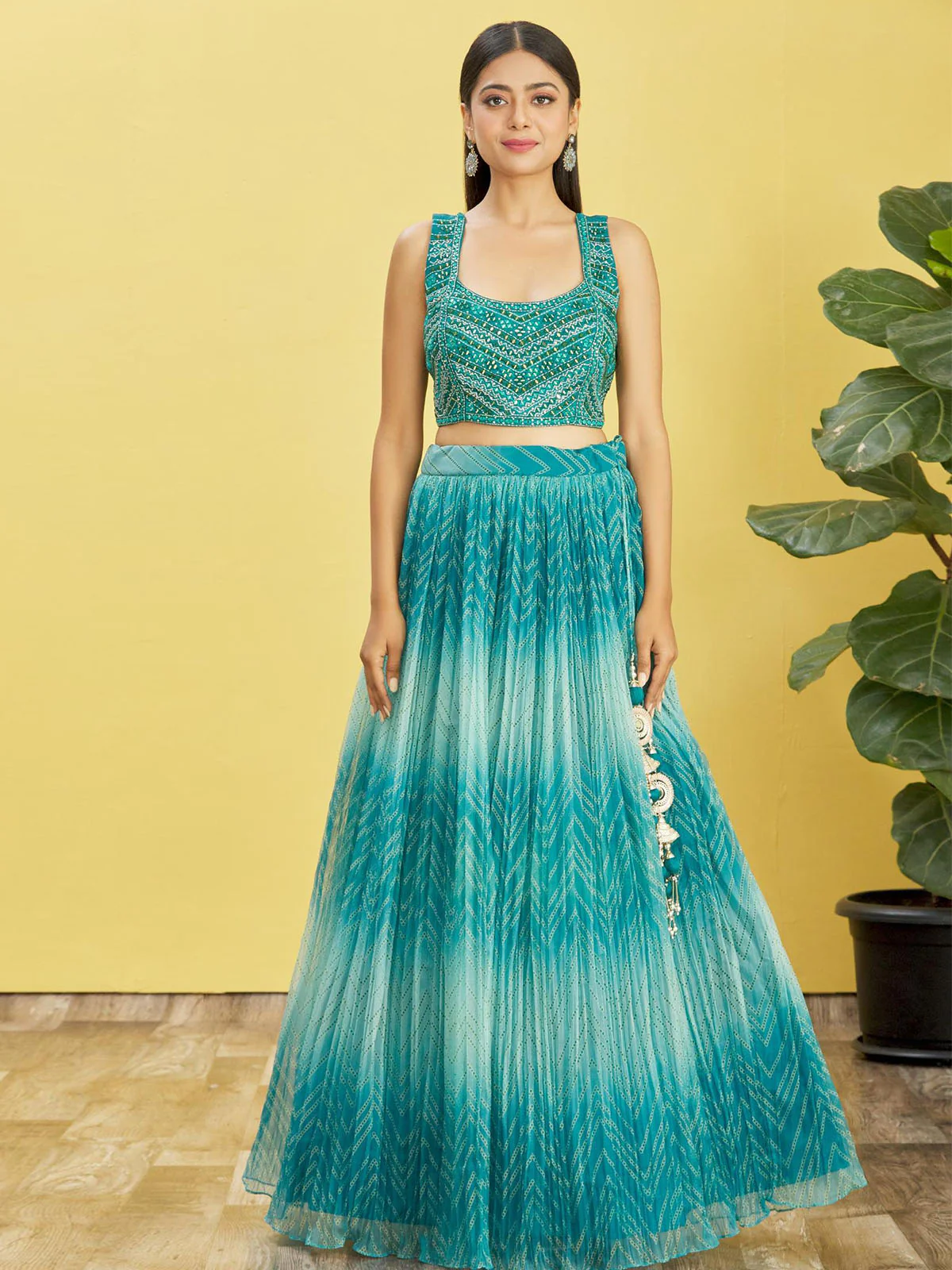 Odette Teal Organza Embellished Semi Stitched Lehenga With Unstitched Blouse For Women - Image 2