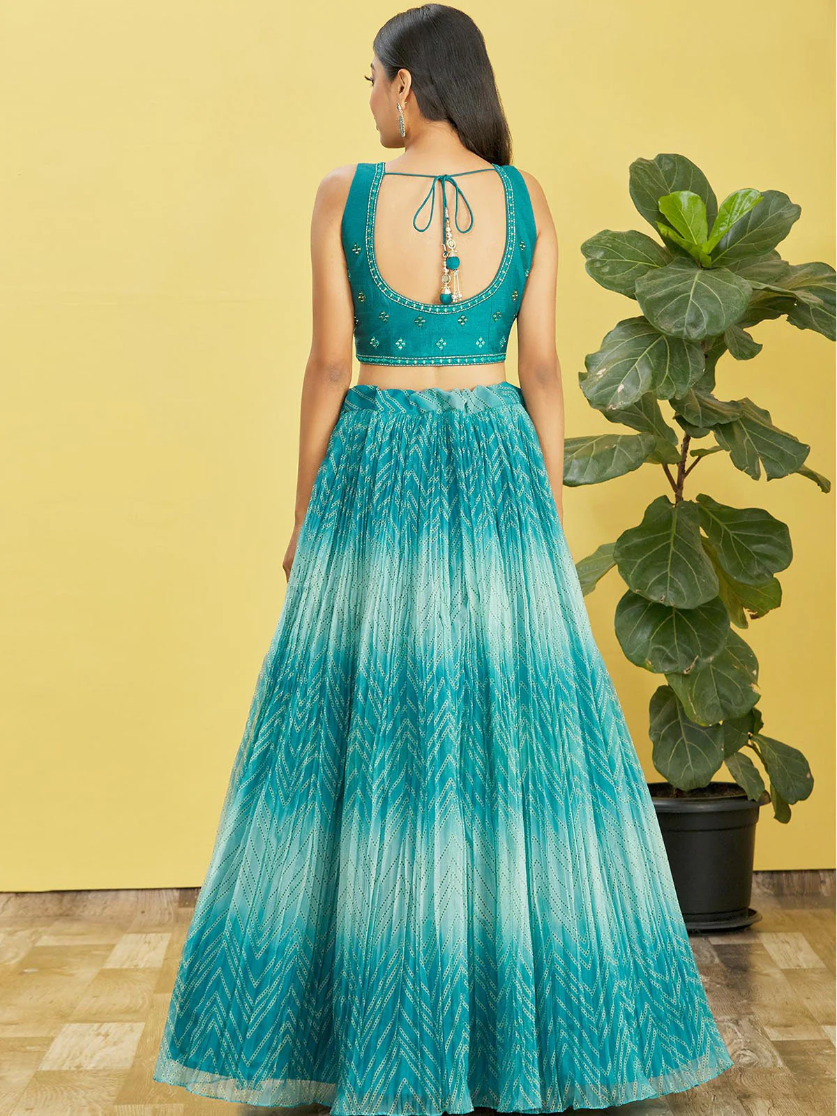 Odette Teal Organza Embellished Semi Stitched Lehenga With Unstitched Blouse For Women - Image 4