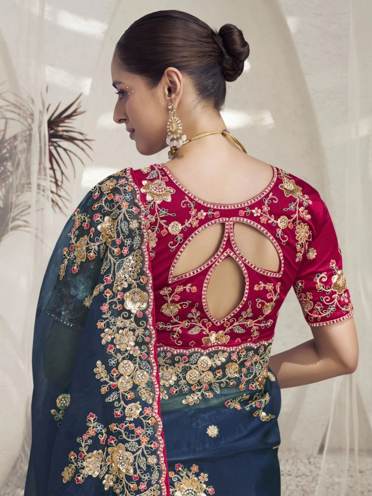 Odette Teal Organza Embroidered Elegant Saree For Women - Image 3