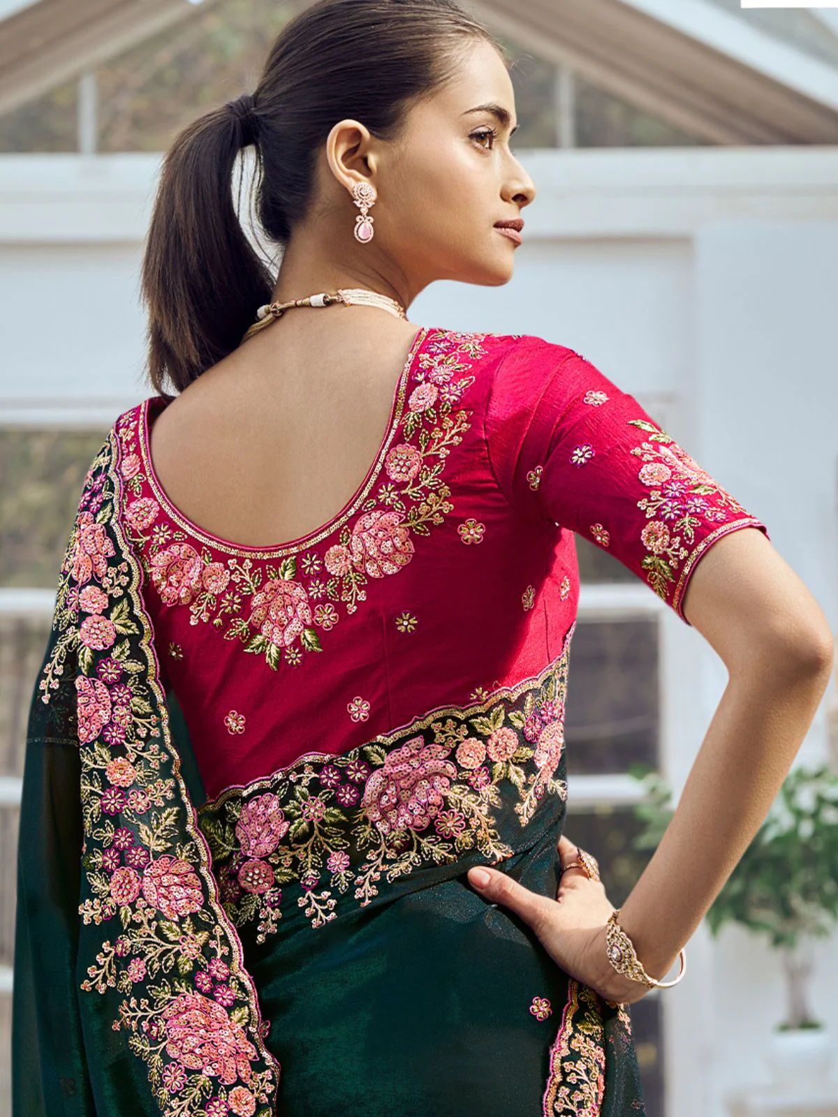 Odette Teal Georgette Embroidered Saree with Unstitched Blouse For Women - Image 3