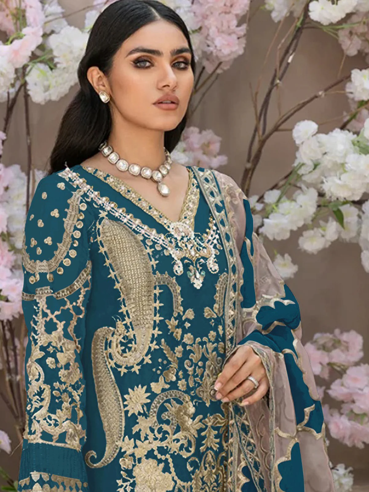 Odette Teal Organza Embroidered Semi Stitched Salwar Suit For Women - Image 2
