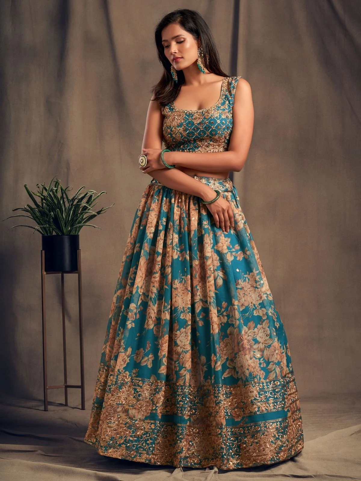 Odette Teal Organza Printed Semi Stitched Lehenga With Unstitched Blouse For Women - Image 3