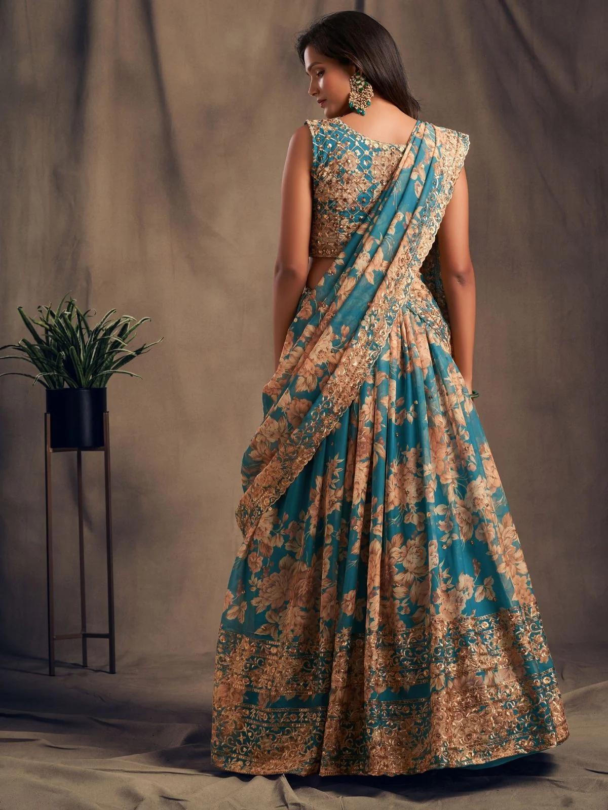 Odette Teal Organza Printed Semi Stitched Lehenga With Unstitched Blouse For Women - Image 4