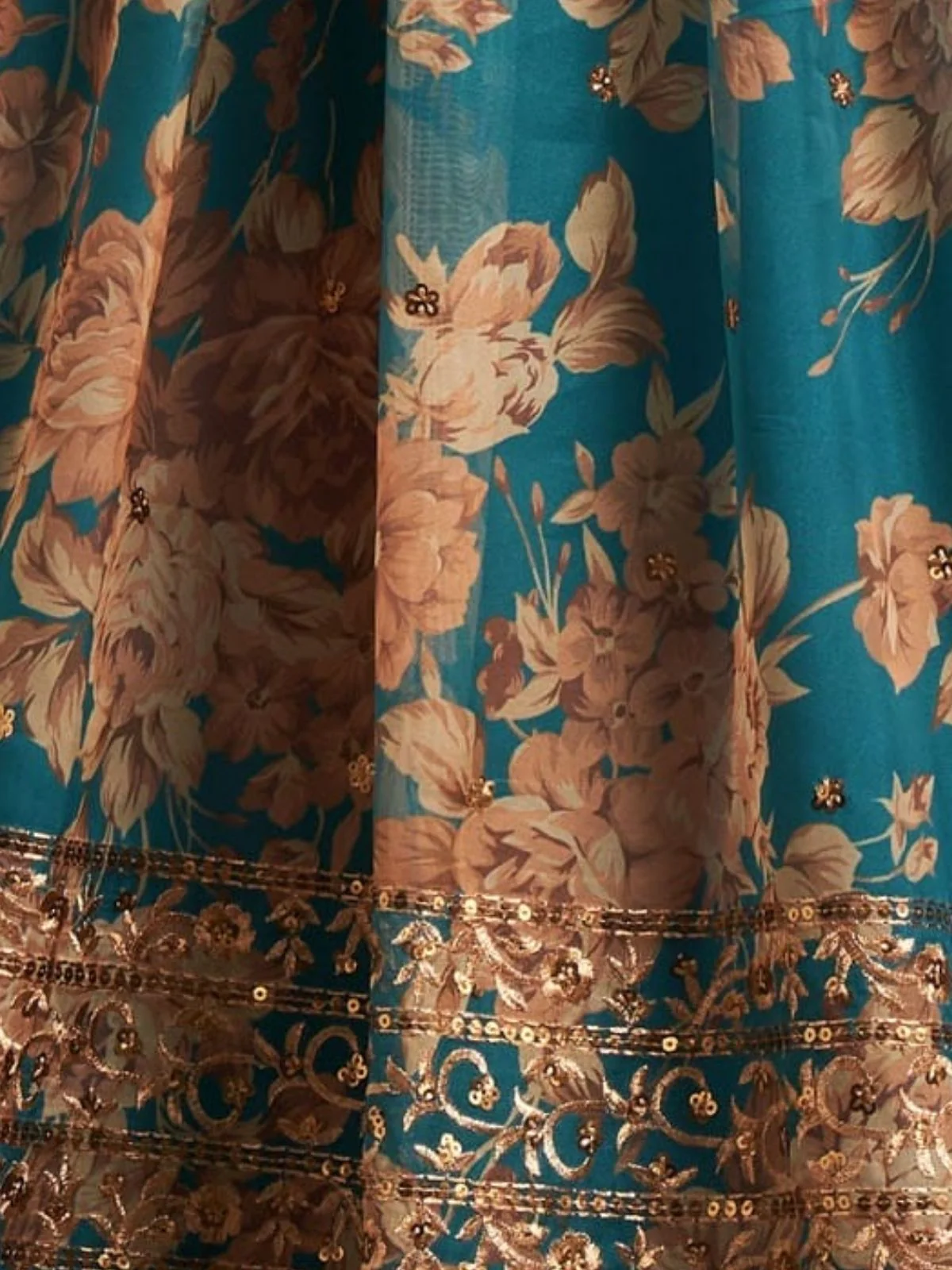 Odette Teal Organza Printed Semi Stitched Lehenga With Unstitched Blouse For Women - Image 6