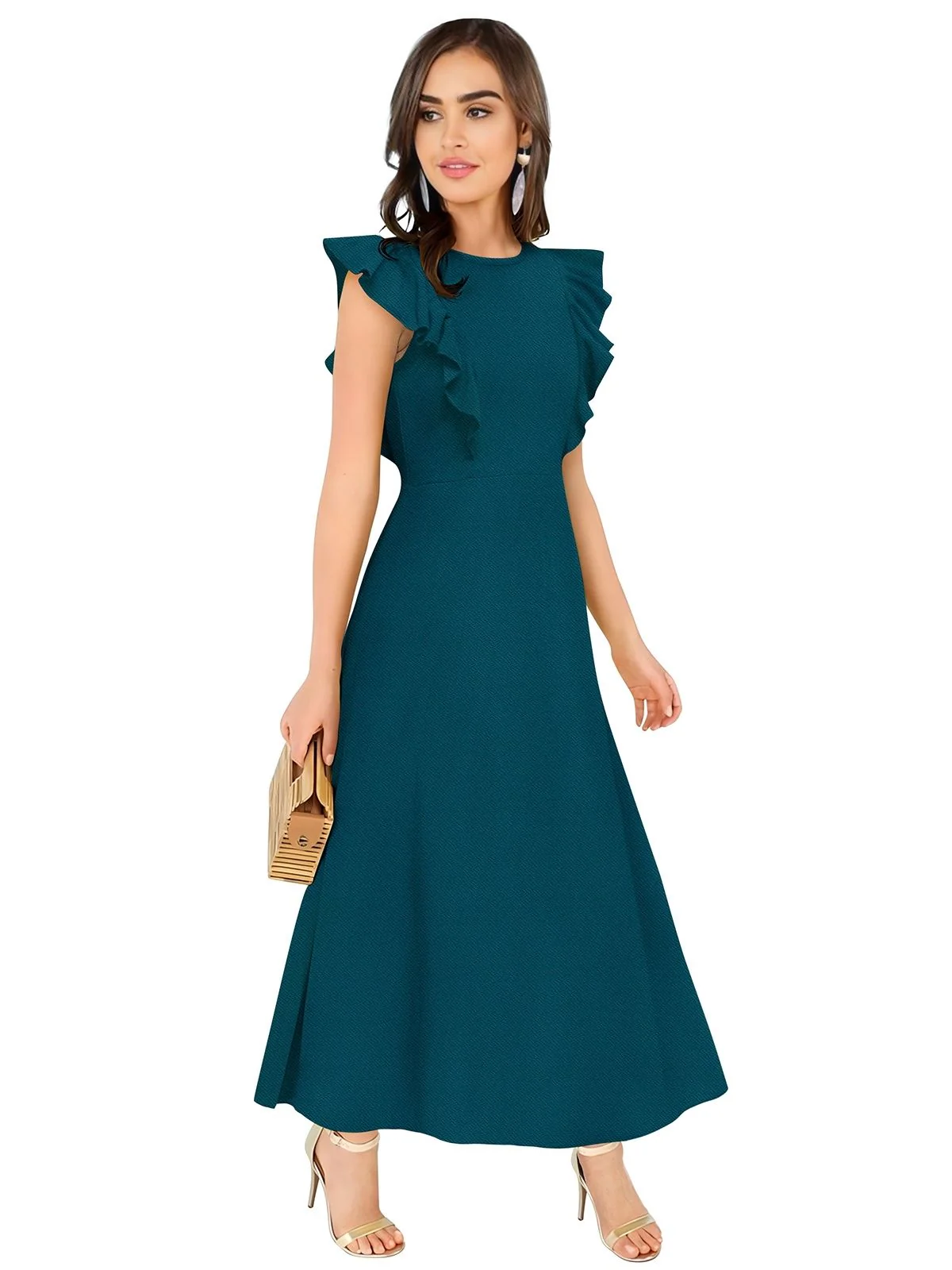 Odette Teal Polyester Solid Dress For Women - Image 2