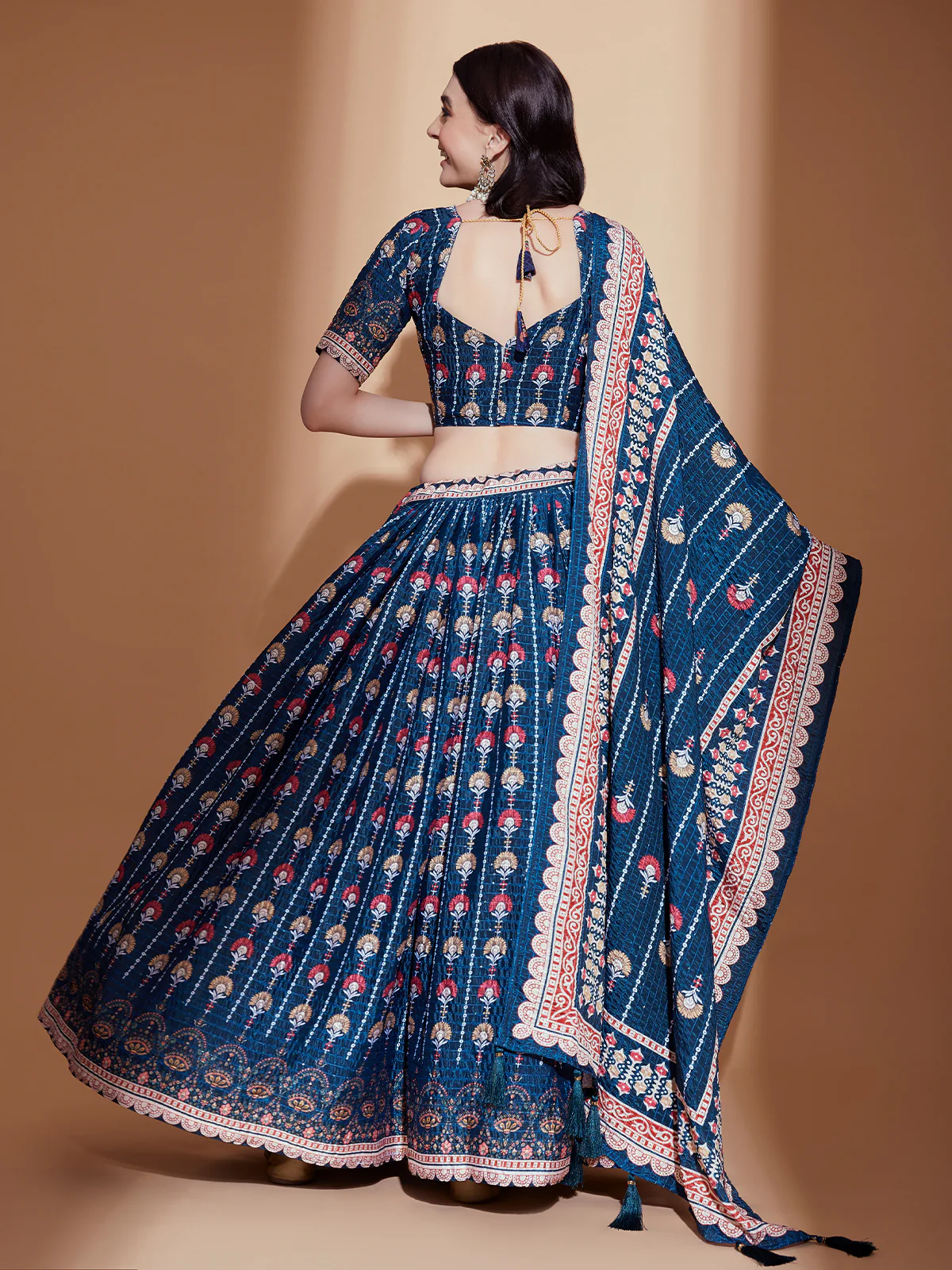 Odette Teal Printed Chinon  Semi Stitched Lehenga With Unstitched Blouse  For Women - Image 3