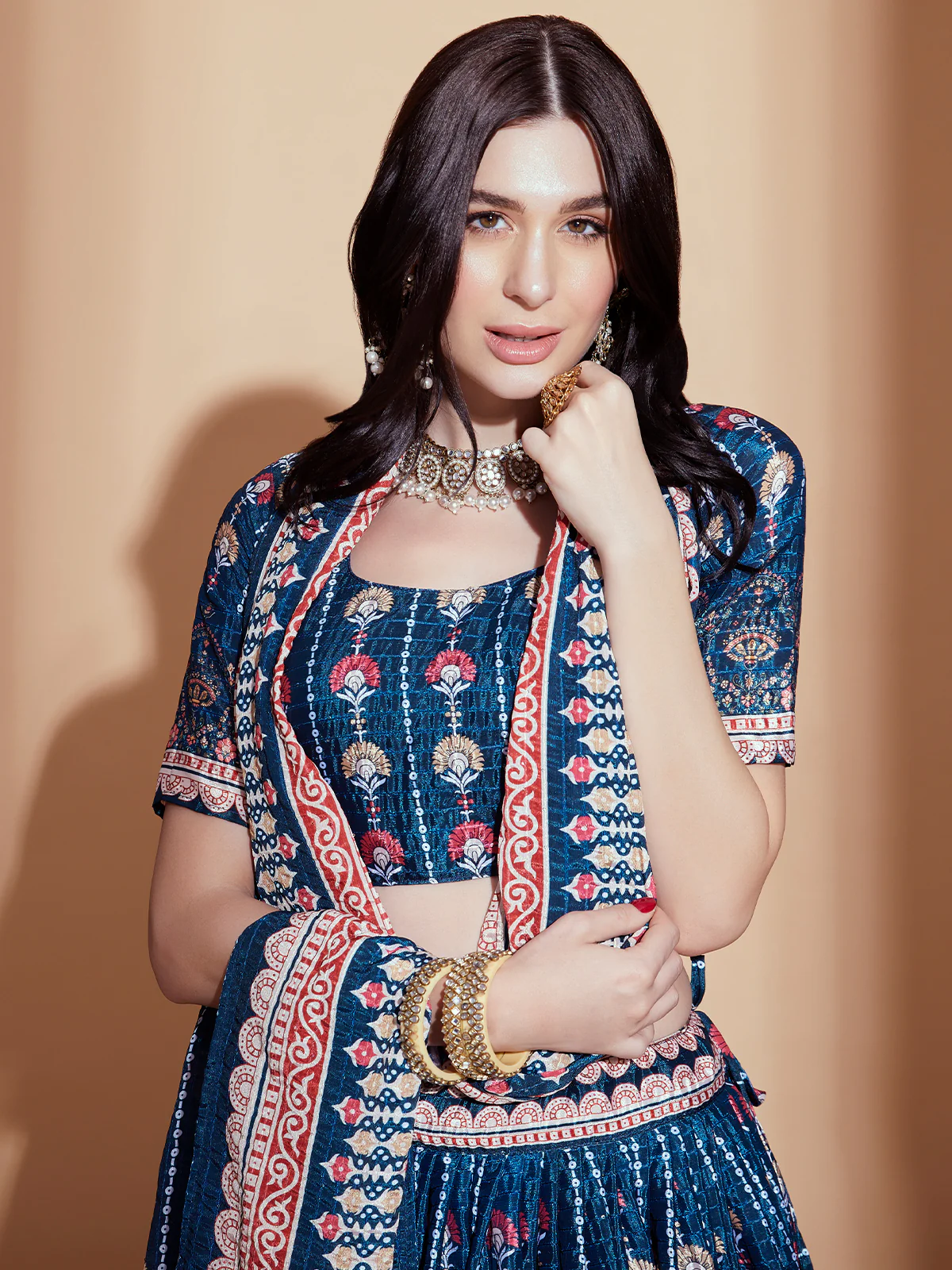 Odette Teal Printed Chinon  Semi Stitched Lehenga With Unstitched Blouse  For Women - Image 4