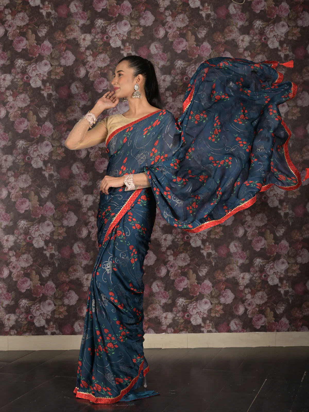 Odette Teal Printed Georgette Saree with Unstitched Blouse for Women - Image 2