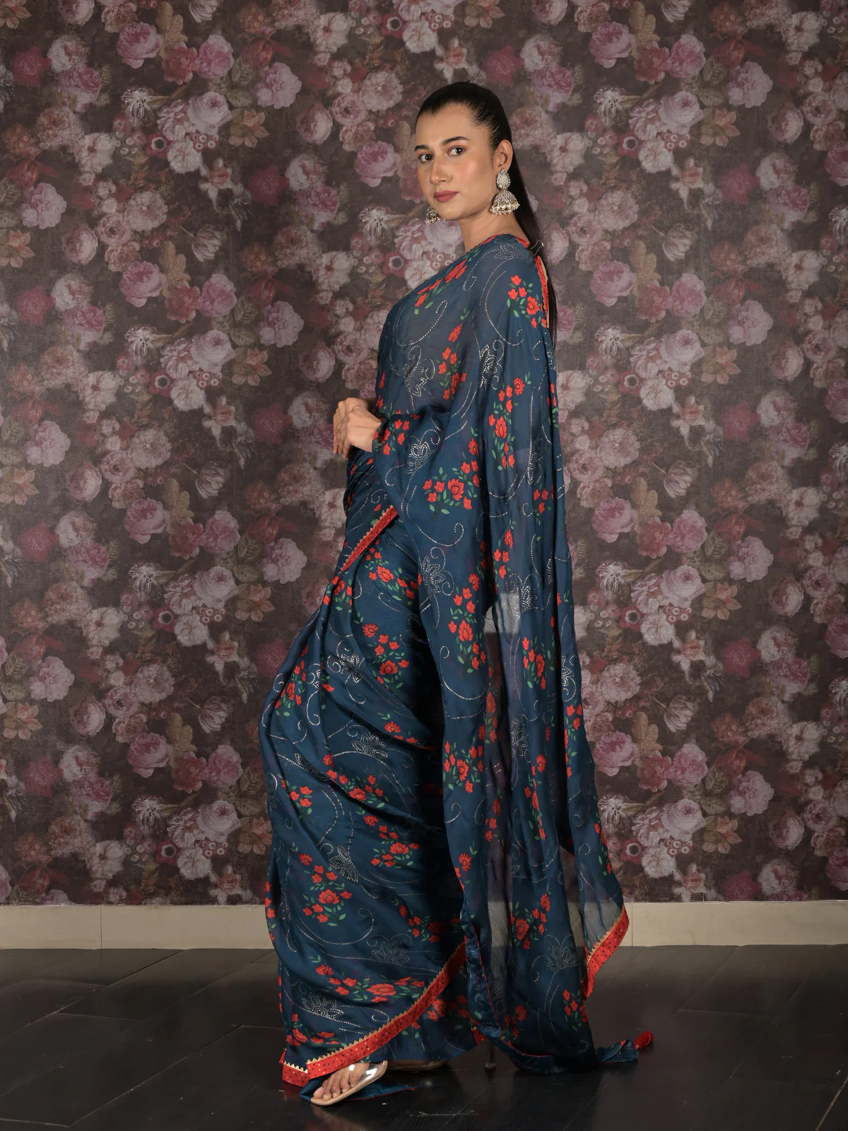 Odette Teal Printed Georgette Saree with Unstitched Blouse for Women - Image 3