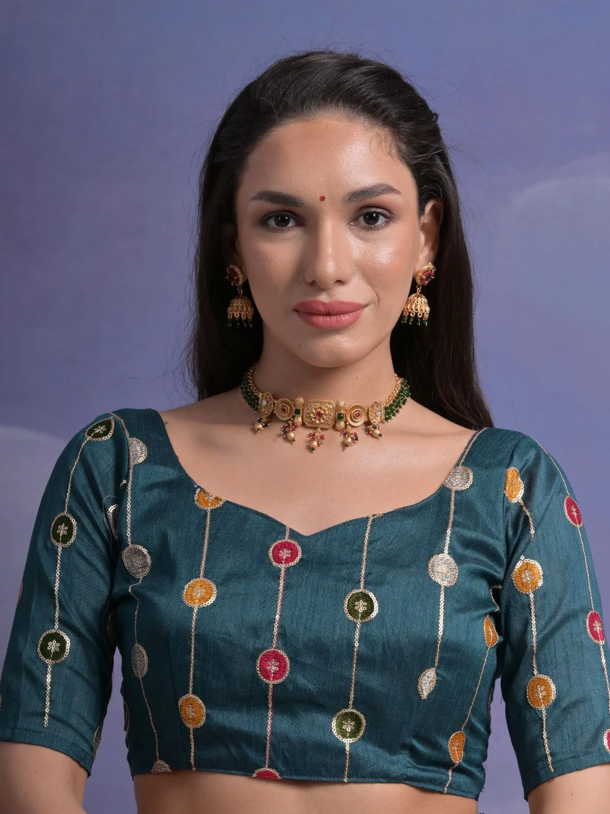 Odette Teal Printed Georgette Saree With Unstitched Blouse For Women - Image 5