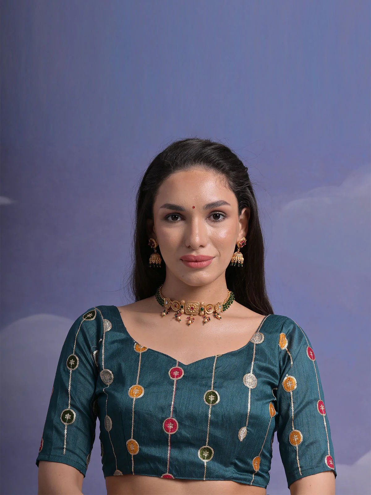 Odette Teal Printed Georgette Saree With Unstitched Blouse For Women - Image 8