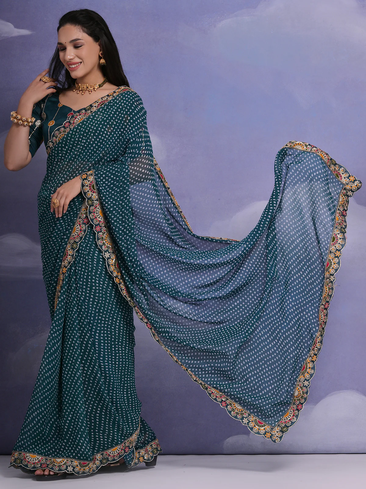 Odette Teal Printed Georgette Saree With Unstitched Blouse For Women - Image 2
