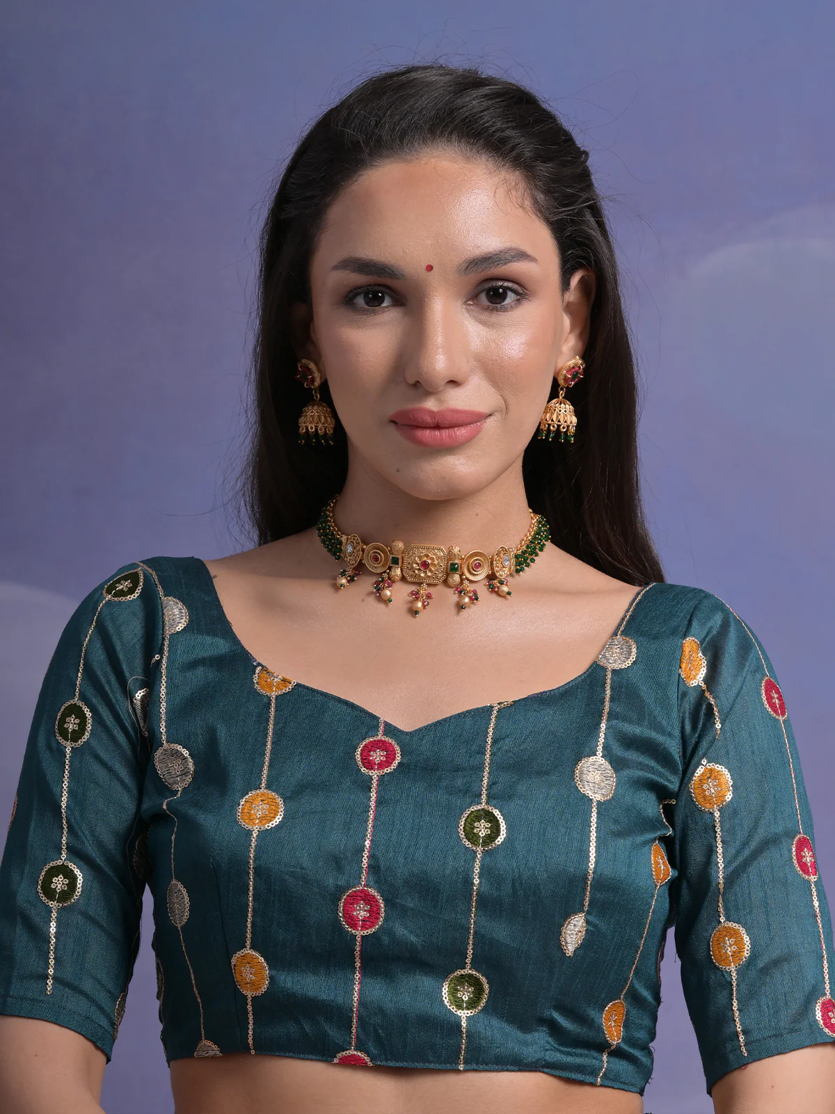 Odette Teal Printed Georgette Saree With Unstitched Blouse For Women - Image 6