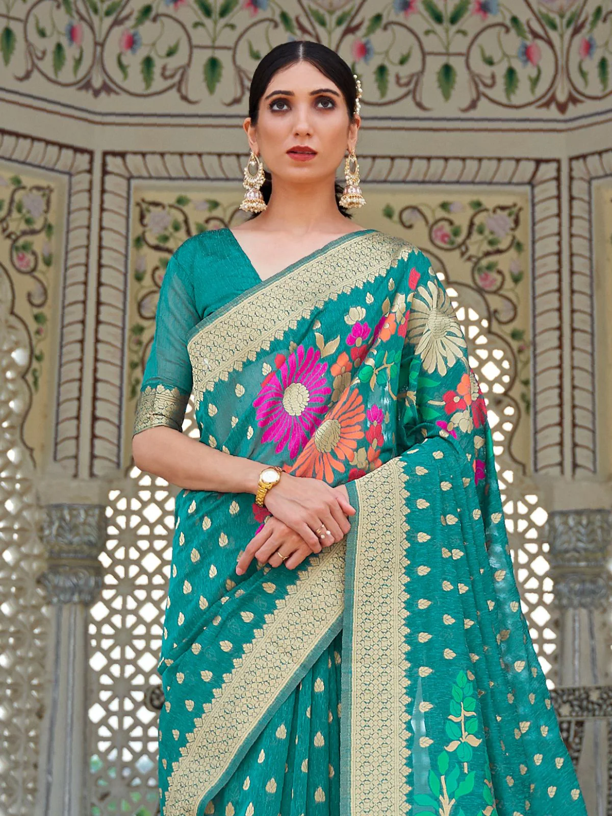 Odette Teal Printed Woven Saree With Unstitched Blouse For Women - Image 2